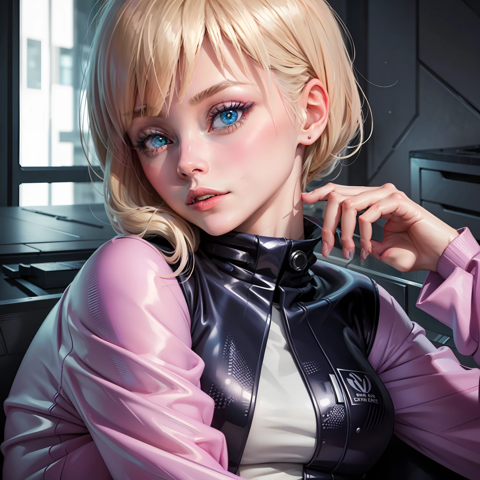 Gwen Stacy, sitting in the building, loira, olhos azuis, jaqueta, uniforme, olhando para espectador, rosto inclinado