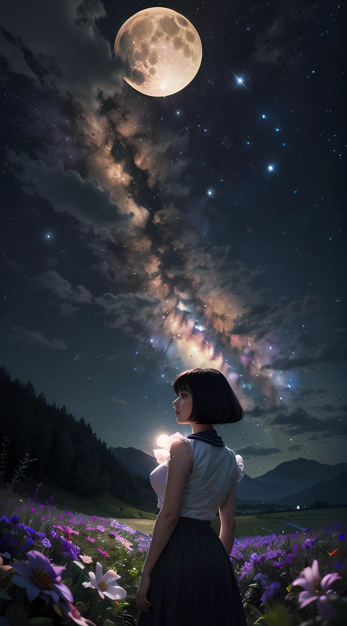 (masterpiece, best quality:1.4), expansive landscape photograph , (a view from below that shows sky above and open field below), sailor saturn, sailor senshi uniform, standing on flower field looking up, (full moon:1.2), ( shooting stars:0.9), (nebula:1.3), distant mountain, tree BREAK production art, (warm light source:1.2), (Firefly:1.2), lamp, lot of purple and orange, intricate details, volumetric lighting BREAK (masterpiece:1.2), (best quality), 4k, ultra-detailed, (dynamic composition:1.4), highly detailed, colorful details,( iridescent colors:1.2), (glowing lighting, atmospheric lighting), dreamy, magical, (solo:1.2)