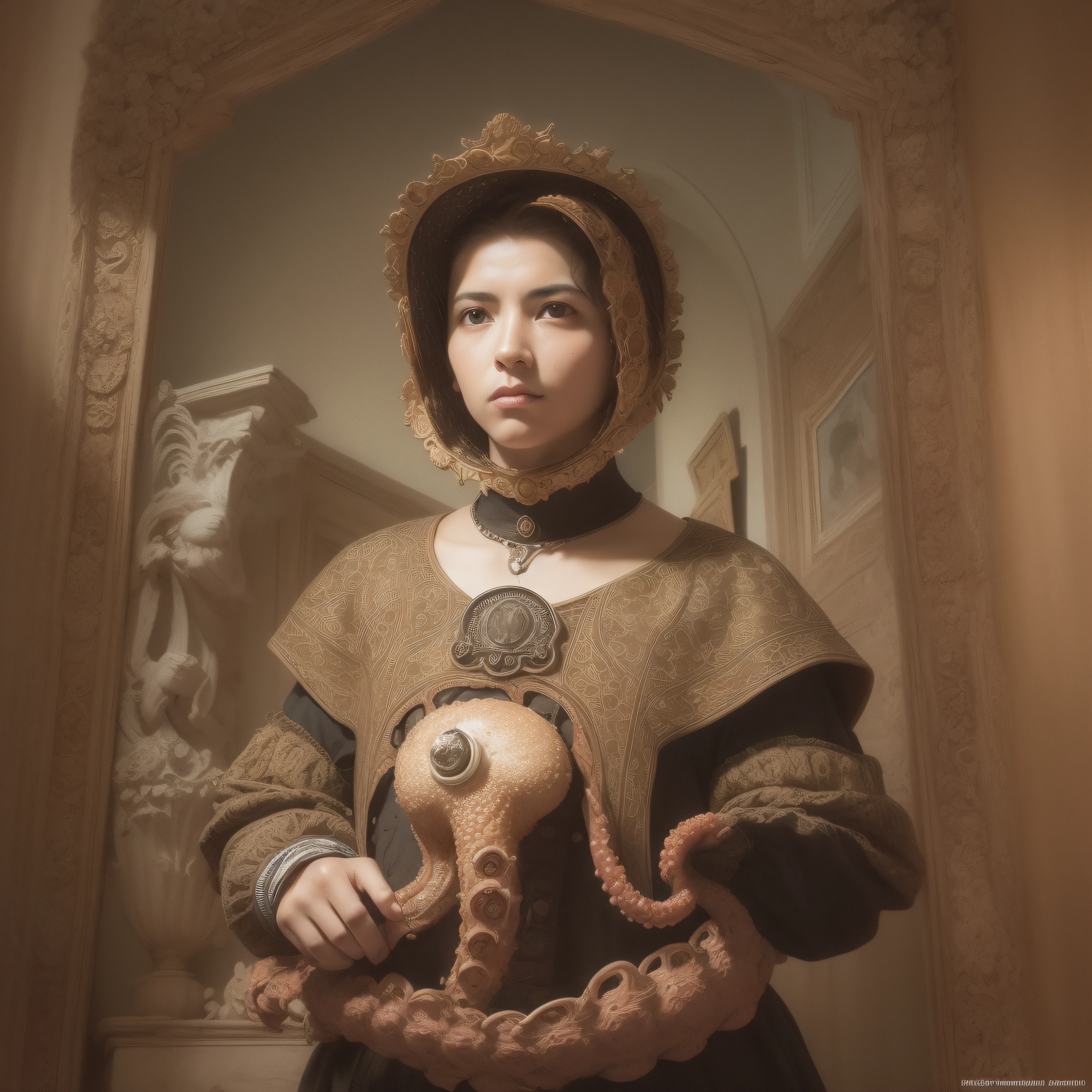 (extremadamente detallado, obra maestra, La mejor calidad), Estilo oscuro, intense illumination. templario. armadura medieval, rostro con arrugas, lengua larga, tentacle, deforme, imagen submarina, pico de pulpo amenazante. manchas de tinta. Rococo composition. Luz de caravaggio
