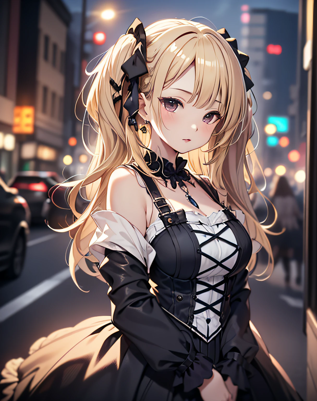 ((1mature lady:1.3, age of 45)), (standing on a dark street), (highway lights), (calm lighting), (night), sexy pose, (very delicate and beautiful work), (masterpiece), one girl, ((wearing in a gothic ****ta dress:1.37, gothic ****ta fashion:1.5)), very detailed and leaky waist, attractive look, beautifully clear eyes, ((blonde twin-tails hair:1.5)), delicate necklace, delicate earrings, simple blurred background, extreme detailed description, beautiful, attractive, Super fine painting, pretty face, big, big, big, big, fine body, fine collarbone, beautiful lips, smooth ass, mix4, (8k, RAW photo, top quality, masterpiece: 1.37), (realistic, realistic: 1.37), one girl, cute, cityscape, night, humidity, professional lighting, photon mapping, radiation, physics cs-based rendering