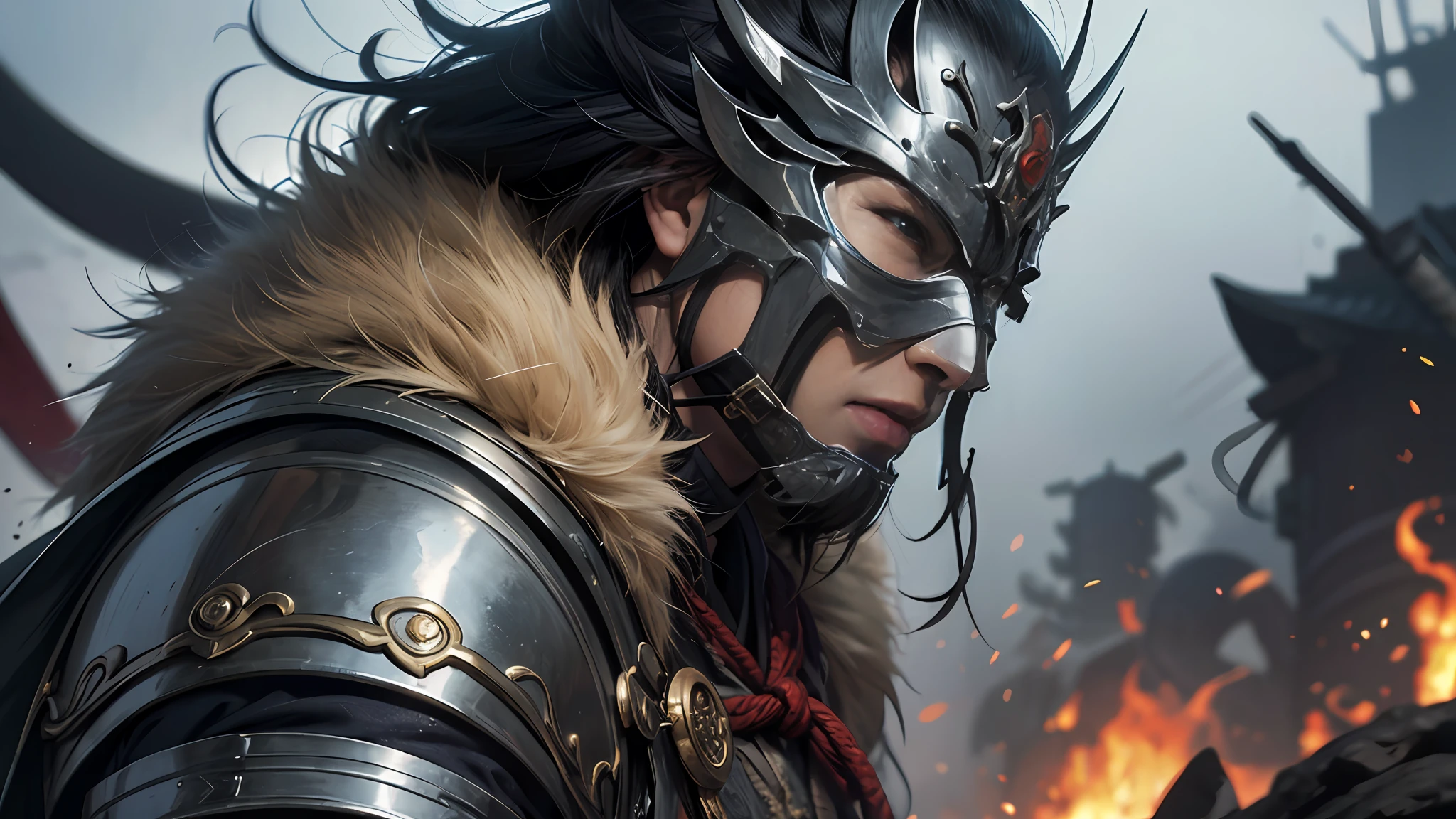 (extremely detailed 8k wallpaper), a medium shot photo of a fearful samurai warrior in full armor and oni mask, fur on shoulders, intricate, high detail, dramatic --auto --s2