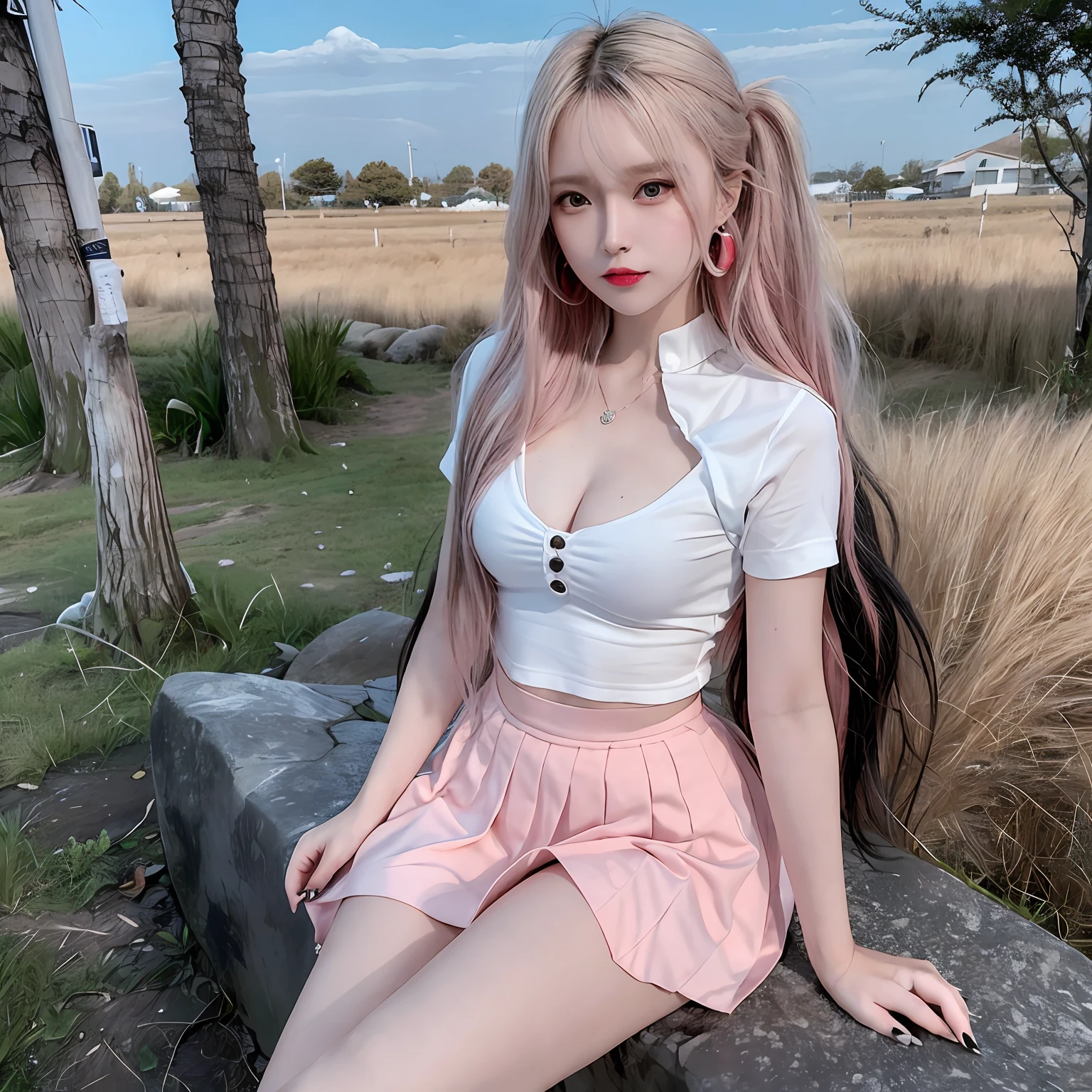 (gradation hair, Dutch Angle:1.3), film grains, chromatic abberation, masterpiece, top-quality, Raw foto, Photorealsitic, absurderes, 1girl in, cute little, Near and far law, cowboy shot, hight resolution, ultra-detailliert, Eyes and faces with detailed, Sharp pupils, Realistic pupils, foco nítido, ((Photorealsitic:1.37)),((((low angles)))),((Beautuful Women))、Slimed、tiny waist、((Light Pink Pleated Long Skirt))、White blouses ,((((heels((10cm))Has high heels)))、(((Only the heel area is red,)))), ((Wide prairie background)), tussock,one girls, ((Sitting on a stump)), ((Troubled face))),Inner hair color pink,Lady, 8K, Best Quality,Black eyeliner,Light pink lipstick, (small tits),22year old ,girl with, 鎖骨,Sunrise,Sunshine, Sunnyday,glowing earrings, Beautiful brown eyes, finely detail, Beautiful detailed girl, strong breeze, (Hair flutters), Slender face, 鎖骨, beutiful breast,length hair, Beautiful face, ((Half-up hairstyle)), Upstyle,Black Gradient Hair, Shiny hair,