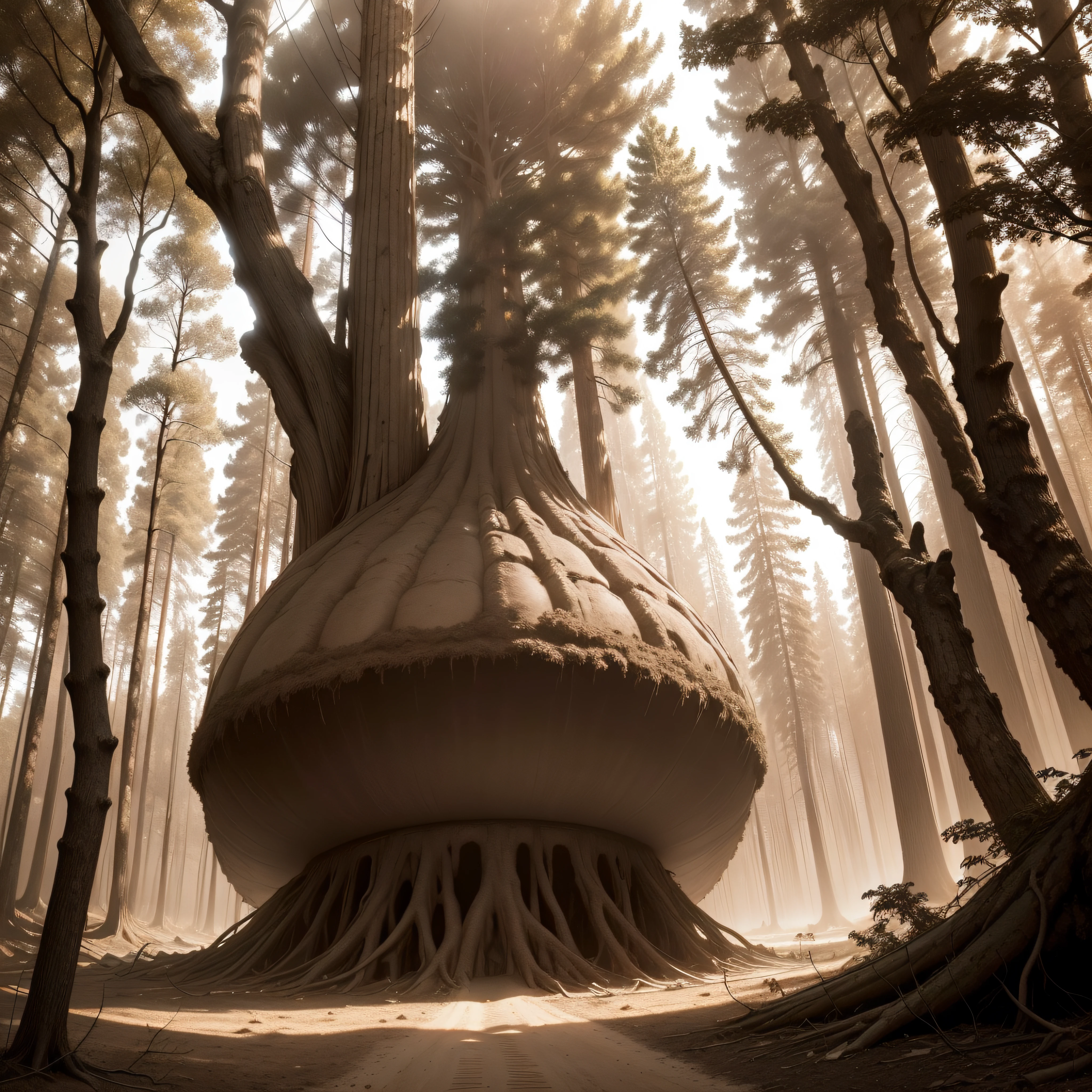 (extremadamente detallado, obra maestra, La mejor calidad, Tono sepia), un gigante con un hacha camina por un bosque. meteorito en el suelo, agujero profundo, Giant crater. burned trees. Oggre hidden among the trees. Daytime Lighting.