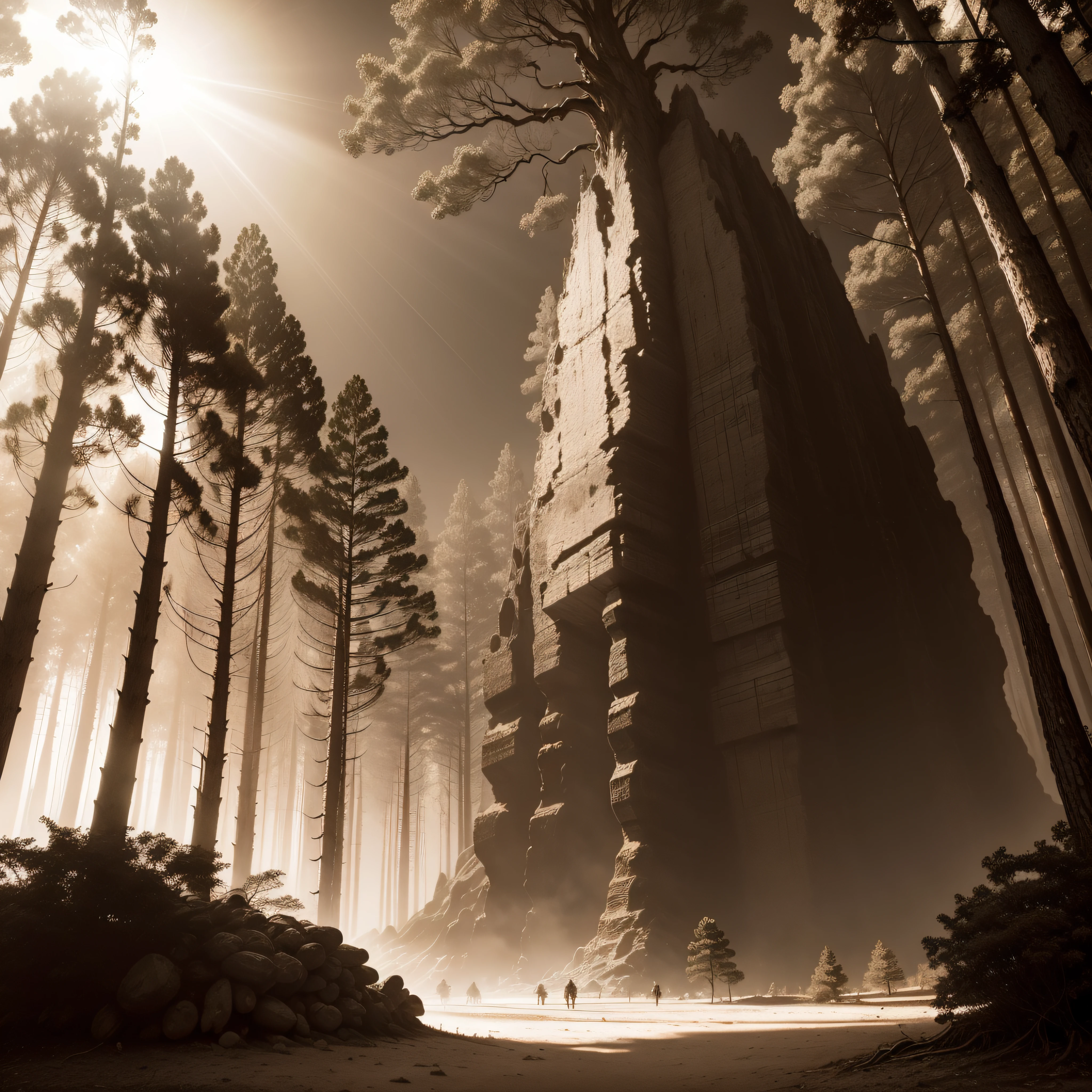 (extremadamente detallado, obra maestra, La mejor calidad, Tono sepia), un gigante con un hacha camina por un bosque. meteorito en el suelo, agujero profundo, Giant crater. burned trees. Oggre hidden among the trees. Daytime Lighting.