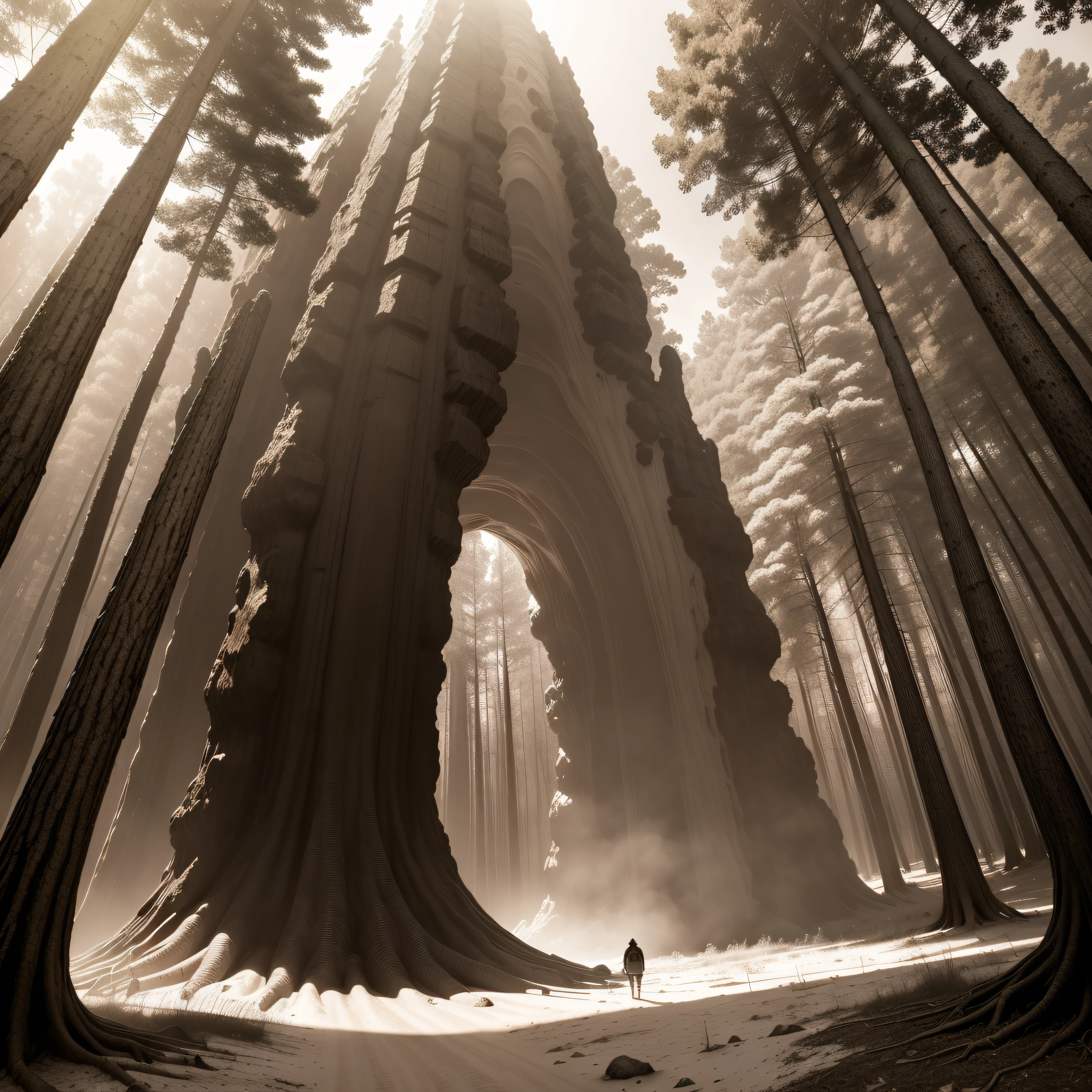(extremadamente detallado, obra maestra, La mejor calidad, Tono sepia), un gigante con un hacha camina por un bosque. meteorito en el suelo, agujero profundo, Giant crater. burned trees. Oggre hidden among the trees. Daytime Lighting.