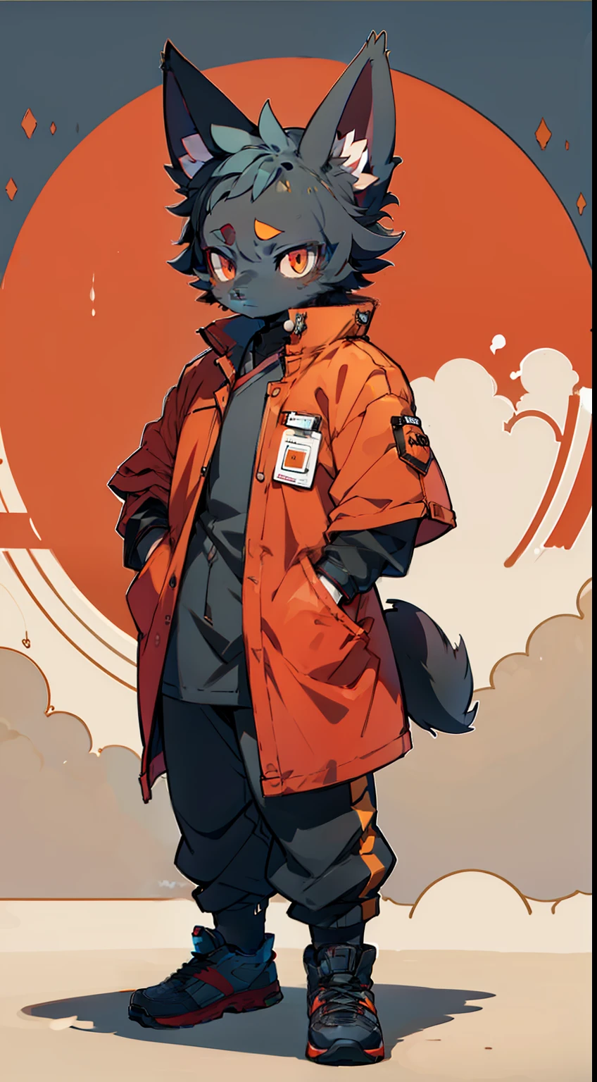 Black Humanoid Dog, Sad City, in medical clothing, red-orange eyes, Very detailed, relaxed pose, Full-length