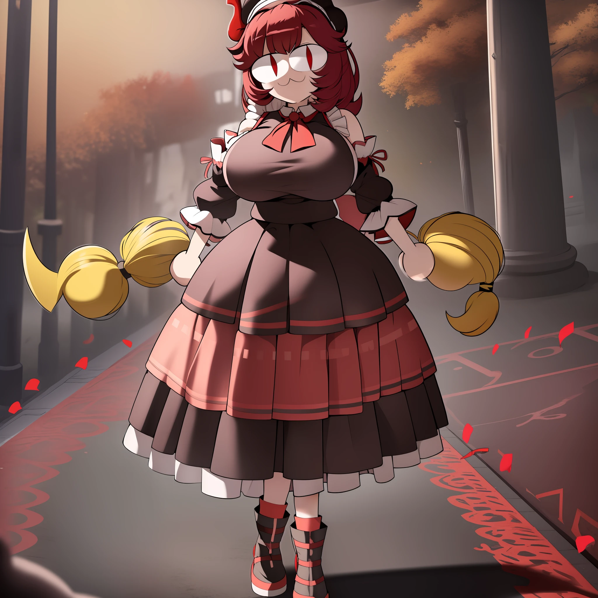 necoarc,r, red skirt, skirt, yellow bow, antlers, black bloomers, detached sleeves, hat, pom pom \(clothes\), red headwear, tassel, 2d, cartoon, skirt, thicc body, huge breast, long dress,, walking, pullover,vest,maid