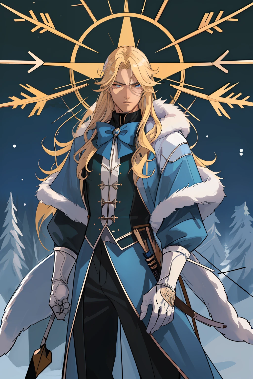 A man with a light skin tone and long blonde hair, Falling on the shoulders. He has a bionic right eye with blue lenses. Dressed in a fur-lined fur coat. He holds a bow and arrows in his hands. A man stands in a winter forest. Detailed background. Detail Eyes. Serious expression on his face