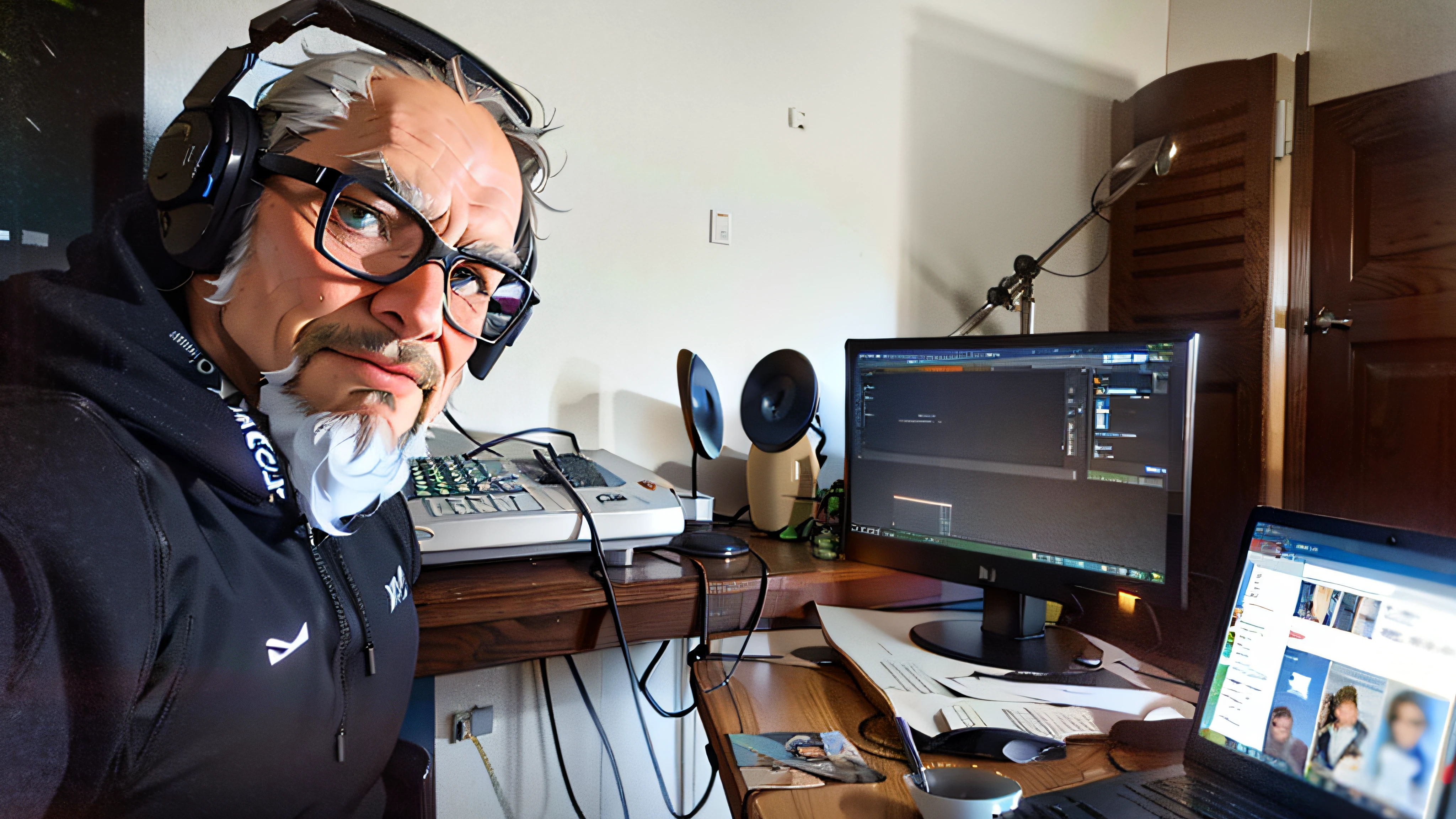((There is a 60-year-old man wearing a cap, barba y lentes)), ((con auriculares)) sitting at a desk with a laptop.., in his basement studio, studio recording, en un estudio, Toma de estudio, Estudio Ghibo, studio 4°c, Dragado en Art Station, gui guimaraes, mezcla, Myst en el aire, Estudio Gibli, ignacio fernandez rios, Stefano Brunesci placeholder image