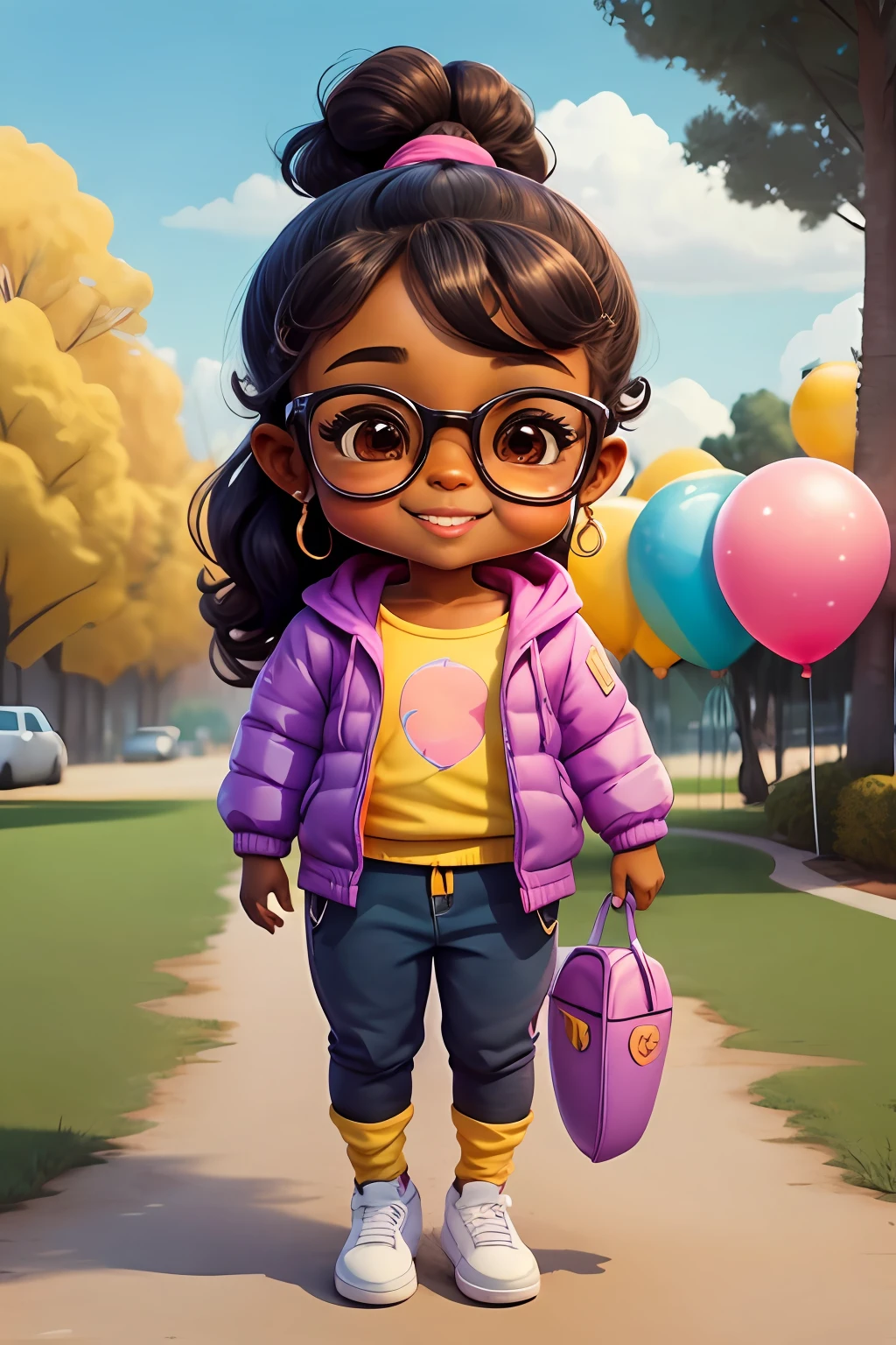 girl, dark brown complexion, african american, happy smile, beautiful and cute, wearing yellow glasses, purple jacket, white sweatshirt, pants, park, baby face, chibi style, brown and black two-color hair, ponytail braided hair, perfect detail eyes, delicate face, perfect CG, HD picture quality, colorful balloons, sky, happy, swing, playground, grass, trees