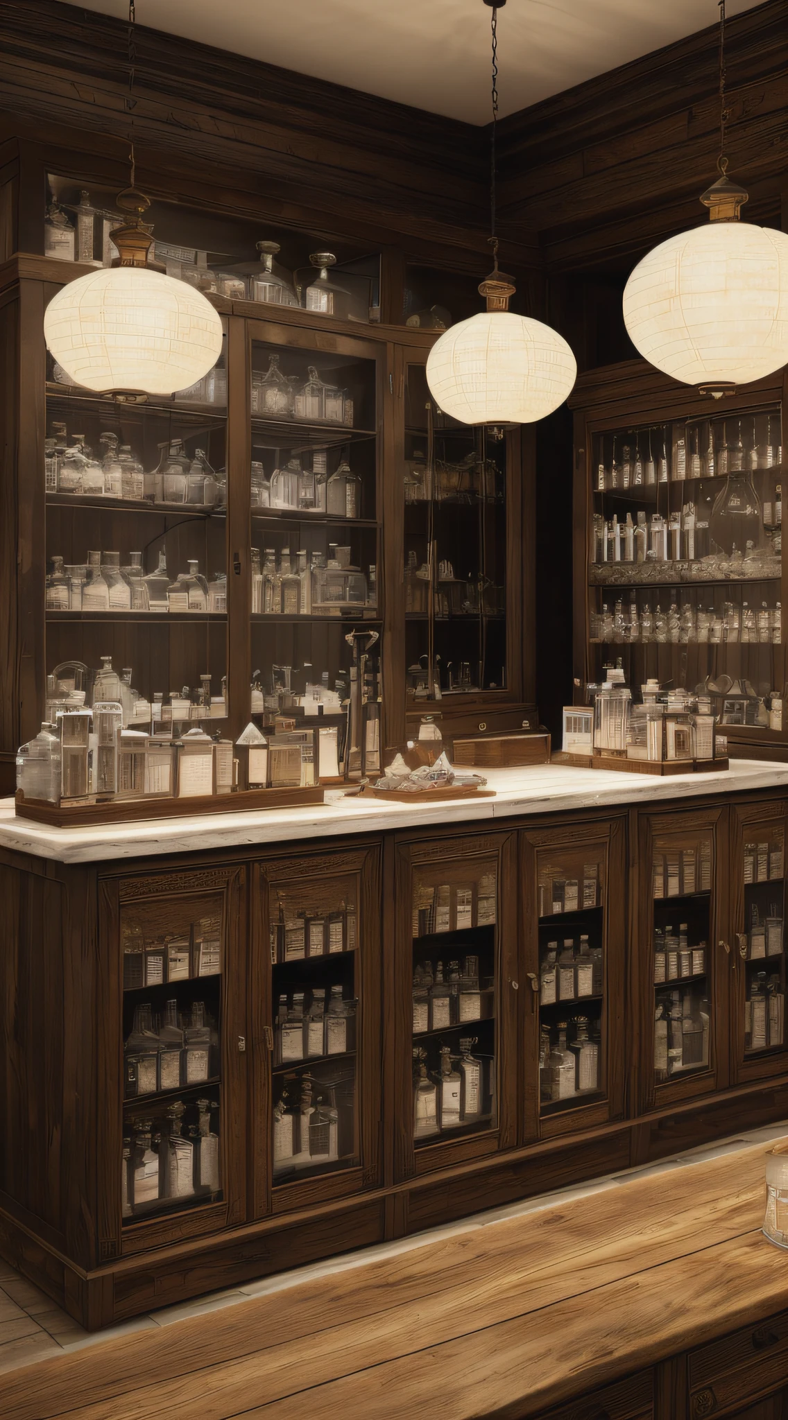 (masterpiece, UHD, photo-realistic:1.3), late 19th-century apothecary, (time-worn wooden cabinets:1.2), glass-fronted, metal-bound bottles, intricately labeled, mortar and pestle, medicinal herbs, parchment paper, wooden counters, warm lamplight, monochromatic, side view, looking at viewer.