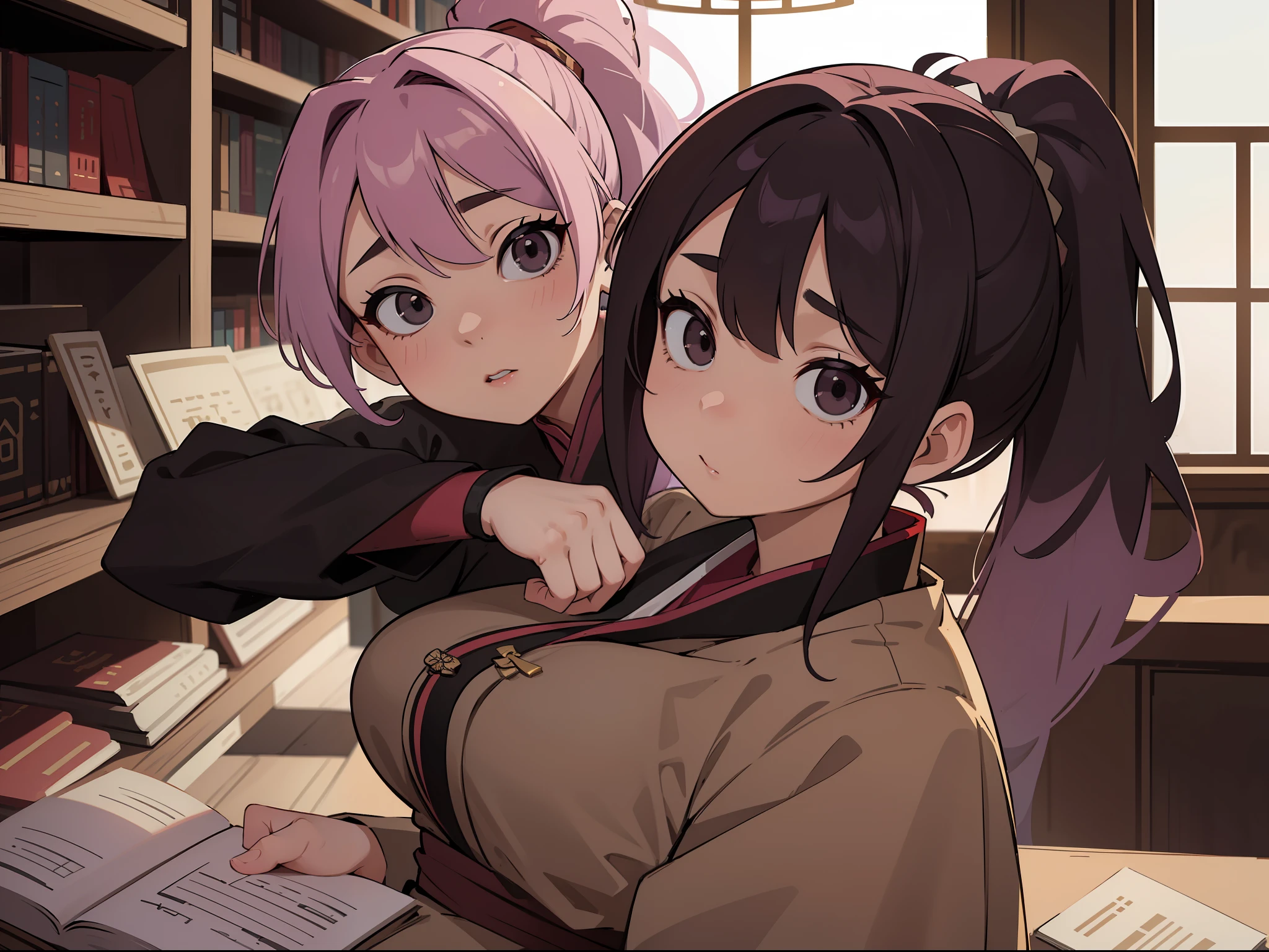 1girl, solo, high-res, closeup headshot, POV, lilac hair in a ponytail, detailed black eyes, wearing a Chinese tang suit in beige, black, and burgundy, set in a Middle Eastern library, eyes looking at viewer