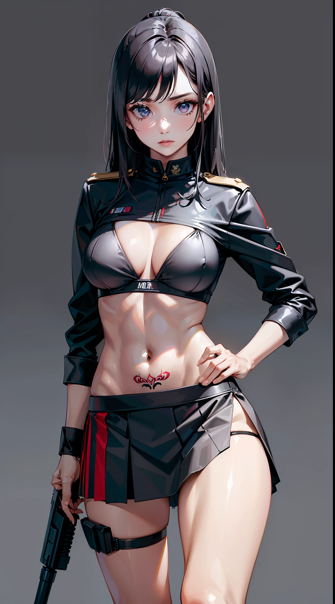 ((foto de corpo inteiro))((foto realista)) Tacticool, uma mulher, solo, (colete: 1.2), militar, 8k, high-res, obra-prima, melhor qualidade, (headpe: 1.3), pele finamente detalhada, transparent black bra, tattoo, skirt.