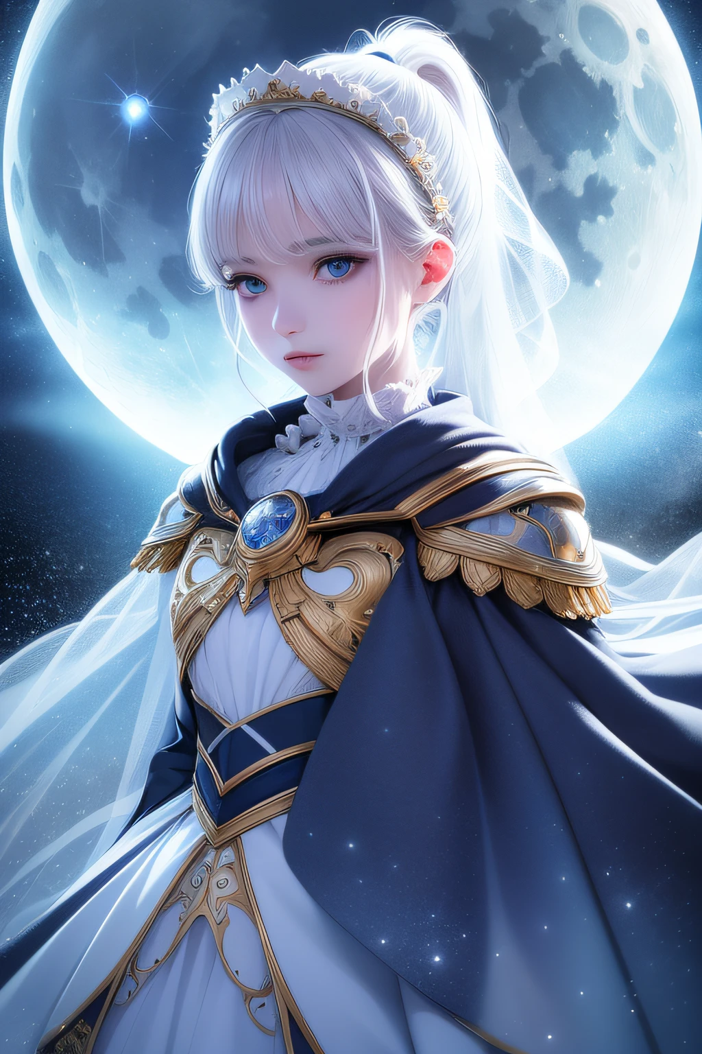 masterpiece, (best quality:1.2), (ultra-detailed:1.2), illustration, (an extremely delicate and beautiful:1.2),cinematic angle,floating, (beautiful detailed eyes:1.1), (detailed light:1.1),cinematic lighting, beautifully detailed sky, women, white hair, blue eyes, (high ponytail:1.1), cloak, glowing eyes, (moon:1.2), (moonlight:1.1), starry sky, (lighting particle:1.1), fog, snow painting, sketch, bloom