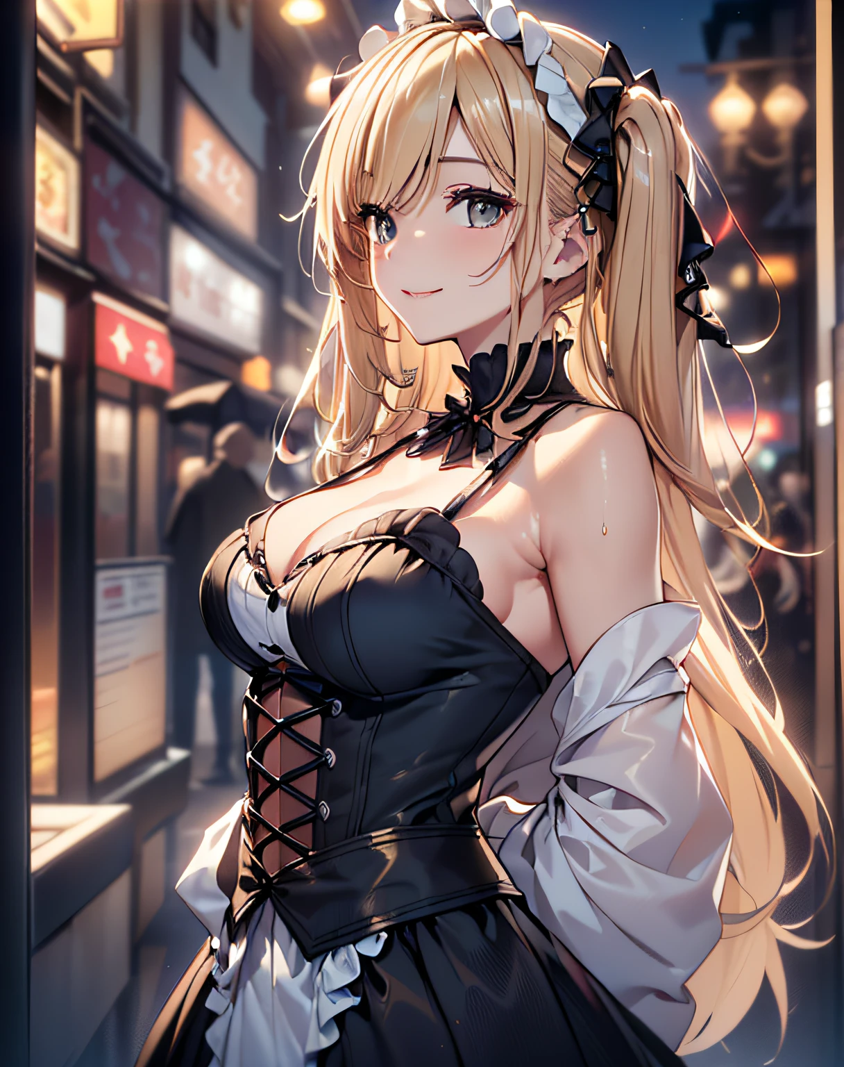 ((upper body:1.5, bust-up:1.5, profile:1.5, close-up:1.5, walking), (Realistic, Photorealistic: 1.37), (Masterpiece, Best Quality: 1.2), (Ultra High Resolution: 1.2), (RAW Photo: 1.2), (Sharp Focus: 1.37), (Face Focus: 1.5), (hyper-sharp image:1.3), (shots on Nikon), (Ultra Detailed CG Unified 8k Wallpaper: 1.2), (Beautiful Skin: 1.2), (pale Skin: 1.3), (Hyper Sharp Focus: 1.5), (Ultra Sharp Focus: 1.5), (Beautiful pretty face:1.3, Taiwan actress face:1.3), (super detailed background, detail background: 1.3), a very cute and beautiful pictures of women, (actress), professional attire, (22 years old: 1.1), portrait of a girl, upper body image, When viewed from the front, the composition is symmetrical, (Studio lighting: 1.3), (Cinematic lights: 1.3), (backlight: 1.3), dim lighting, lighting that covers the whole body, BREAK, ((looking straight at you, arms behind back, stylish posing:1.3)), break, (shiny-blonde thin hair: 1.37, twin-tails hair style:1.37), dark brown eyes, beautiful eyes, princess eyes, ((blonde hair:1.3)), bangs, Hair between eyes, slender, abs, perfect abs, (medium-breast;1.47, cleavage:1.27), (thin waist: 1.15), (detailed beautiful girl: 1.4), (Chest squeezed together, View viewer, (wearing a gothic ta dress:1.3, gothic Loliashion:1.5)), Solo, Parted lips, Red lips, (shiny skin), sweat, (detailed night street view background:1.2), (light smile:1.37, closed mouth:1.37), ((Perfect Female Body)), (Upper Body Image:1.3), Frame Head, Perfect Anatomy, Perfect Proportions, 8.5 Life-Size, tall, Face Focus, Ultra Realistic Photo, Hyper Sharp Image, Hyper Detail Image,