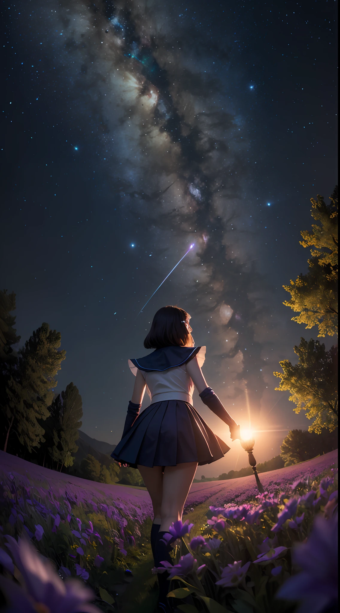 (masterpiece, best quality:1.4), expansive landscape photograph , (a view from below that shows sky above and open field below), sailor saturn, sailor senshi uniform,tiara, sailor senshi uniform, purple sailor collar, pleated skirt, elbow gloves, jewelry, brooch, choker, standing on flower field looking up, (full moon:1.2), ( shooting stars:0.9), (nebula:1.3), distant mountain, tree BREAK production art, (warm light source:1.2), (Firefly:1.2), lamp, lot of purple and orange, intricate details, volumetric lighting BREAK (masterpiece:1.2), (best quality), 4k, ultra-detailed, (dynamic composition:1.4), highly detailed, colorful details,( iridescent colors:1.2), (glowing lighting, atmospheric lighting), (nightlight:1.2) dreamy, magical, (solo:1.2)