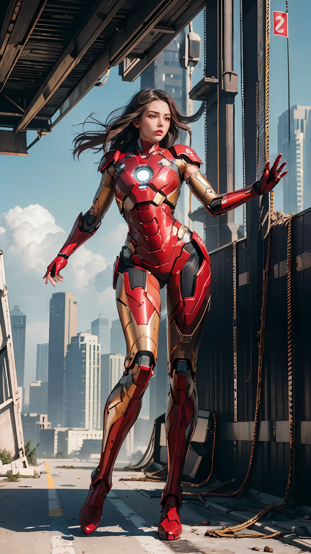 RAW, Masterpiece, Ultra Fine Photo,, Best Quality, Ultra High Resolution, Photorealistic, Sunlight, Full Body Portrait, Stunningly Beautiful,, Dynamic Poses, Delicate Face, Vibrant Eyes, (Side View) , she is wearing a futuristic Iron Man mech, red and gold color scheme, highly detailed abandoned warehouse background, detailed face, detailed and complex busy background, messy, gorgeous, milky white, high detailed skin, realistic skin details, visible pores , sharp focus, volumetric fog, 8k uhd, dslr camera, high quality, film grain, fair skin, photorealism, lomography, sprawling metropolis in futuristic dystopia, view from below, translucent
