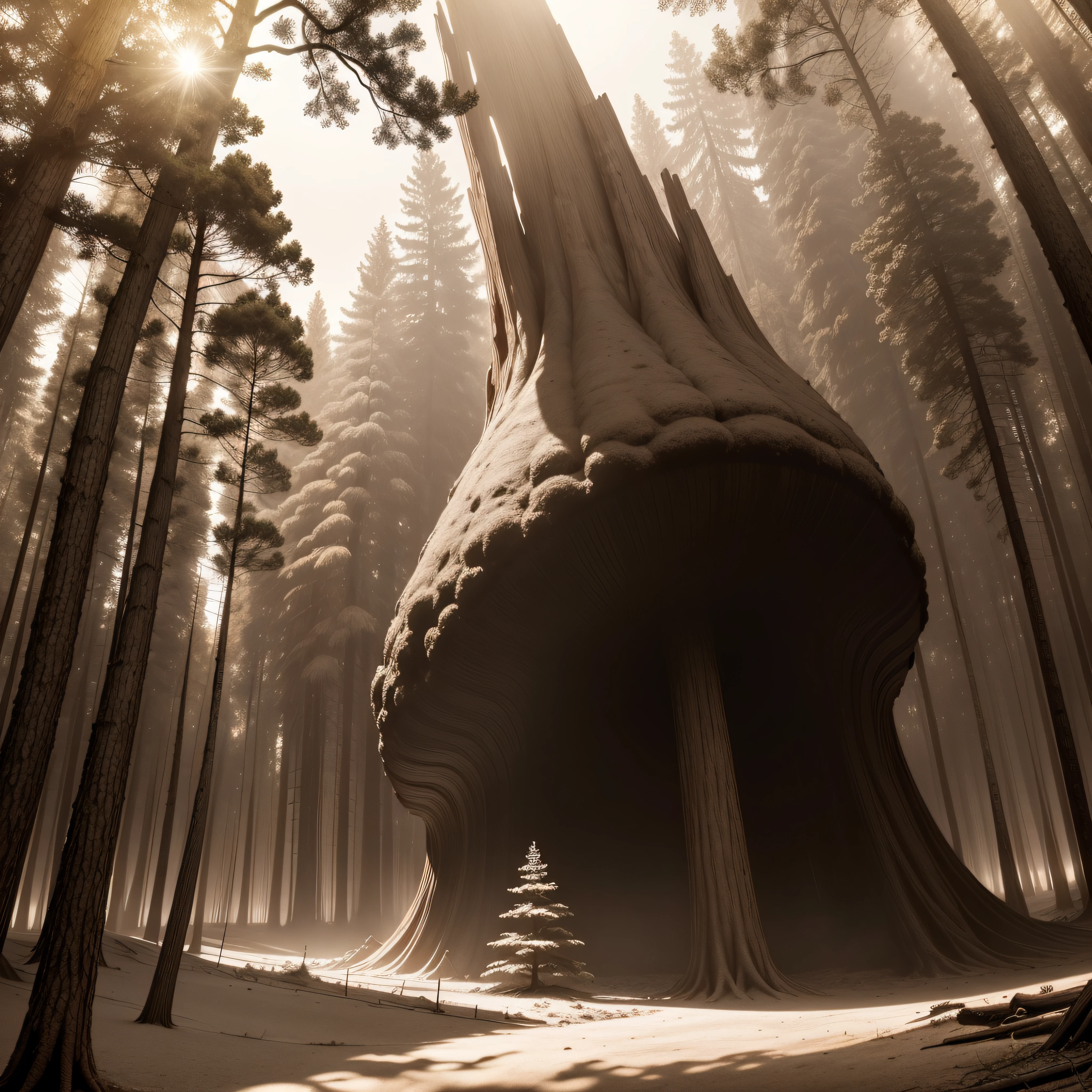 (extremadamente detallado, obra maestra, La mejor calidad, Tono sepia), un gigante con un hacha camina por un bosque. meteorito en el suelo, agujero profundo, Giant crater. burned trees. Oggre hidden among the trees. Daytime Lighting.