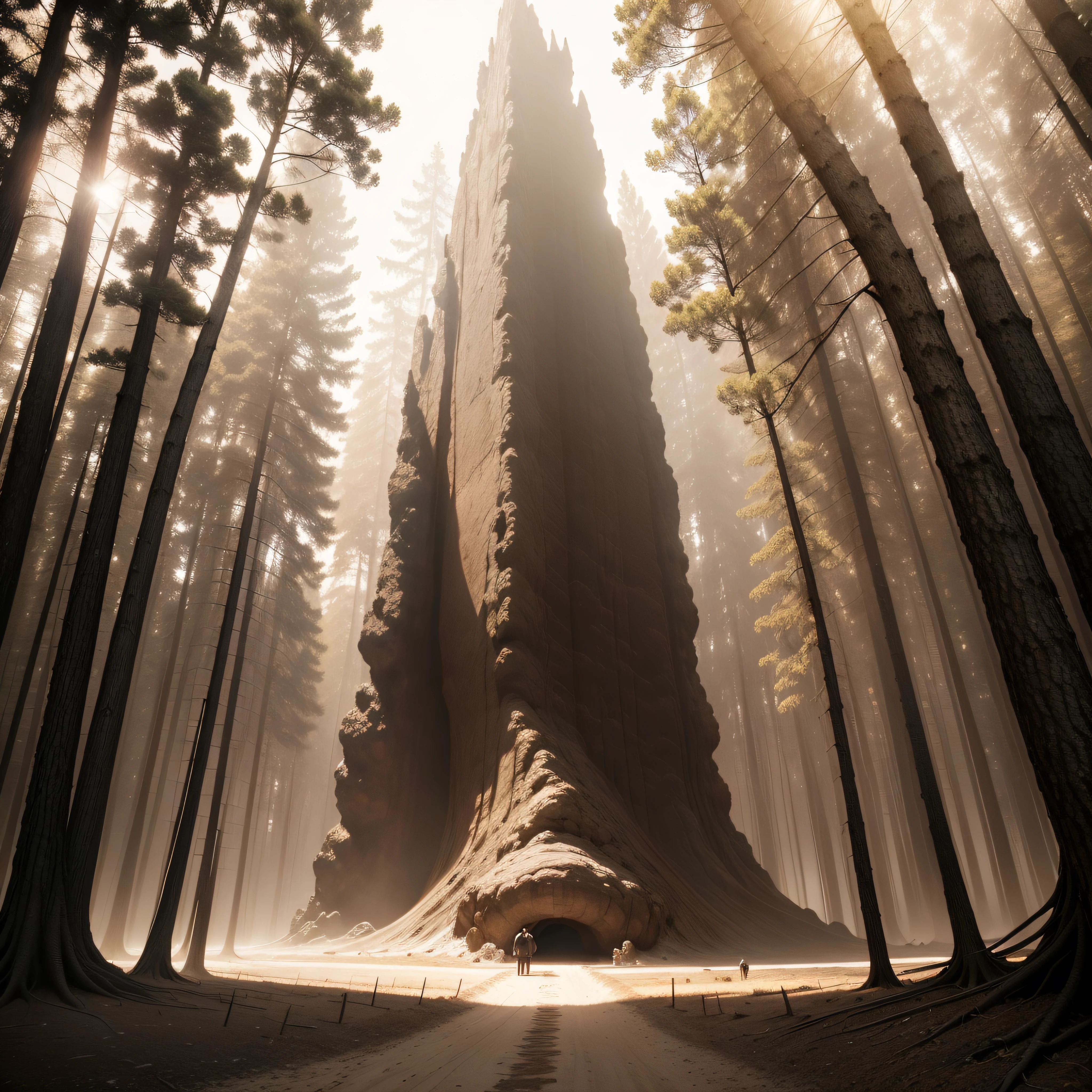 (extremadamente detallado, obra maestra, La mejor calidad, Tono sepia), un gigante con un hacha camina por un bosque. meteorito en el suelo, agujero profundo, Giant crater. burned trees. Oggre hidden among the trees. Daytime Lighting.