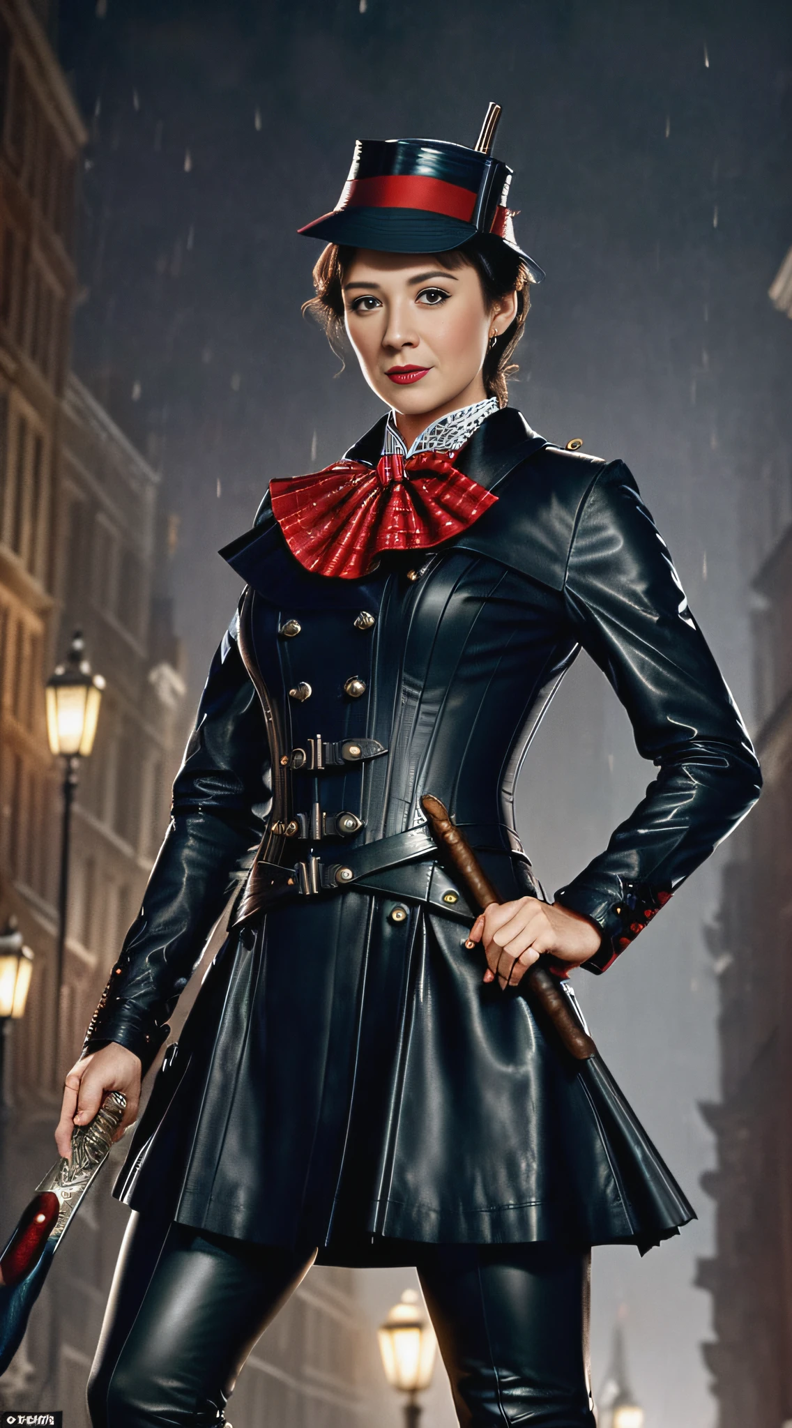 (masterpiece, best quality, CG:1.2), Mary Poppins, (wielding her umbrella like a sword:1.3), sporting rogue attire, leather corset, dark trousers, city streets, vintage London, gas street lamps, misty night, warm colors, extreme close-up, looking at viewer.