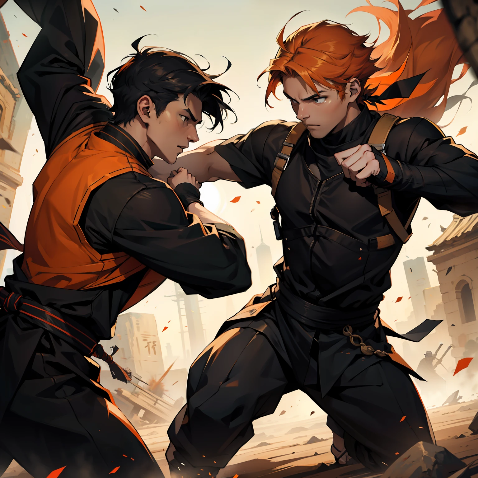 Battle scene between two -yeld nis with orange hair and the other black hair