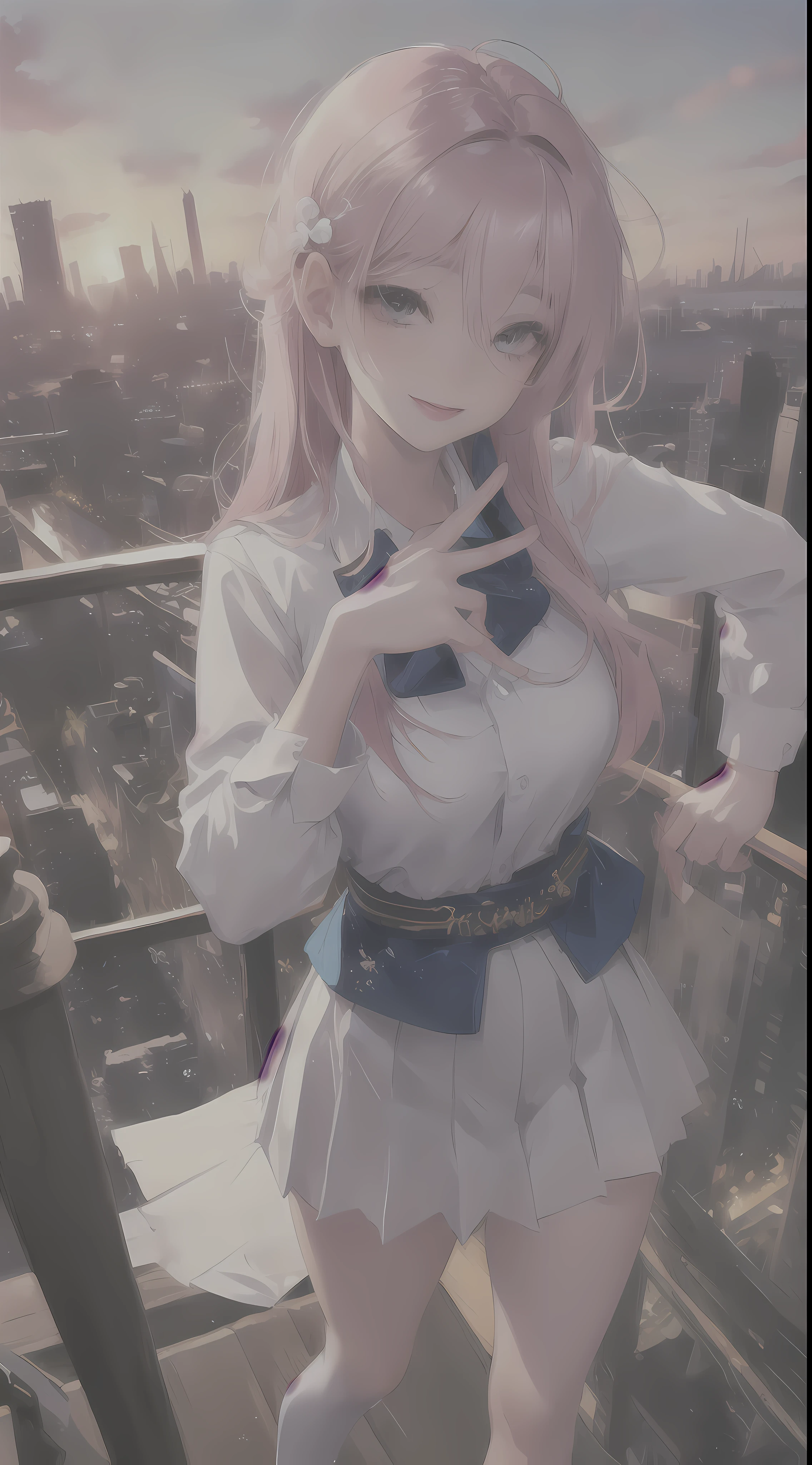 official art, masterpiece, sharp focus, (beautiful gorgeous cute Korean woman:1.3), (beautiful cute korean:1.3), korean beauty, Delicate and beautiful hair and eyes and face, realistic, ultra detailed, beautiful girl, blue sky, glow white particle, (sidelighting:1.2), sun light, white cloud, detailed clouds, slender, Lovely very large breasts and very large hips, smile with teeth, ((smile with eyes, open both eyes)), scenery, long straight hair, sexy facial expression, building, (cityscape:1.7), dynamic hair, long straight hair, detailed platinum pink hair, glow blue eyes, (blue pleated shirts + white skirt), white long socks, pale skin, hair ornament, epic scenery,