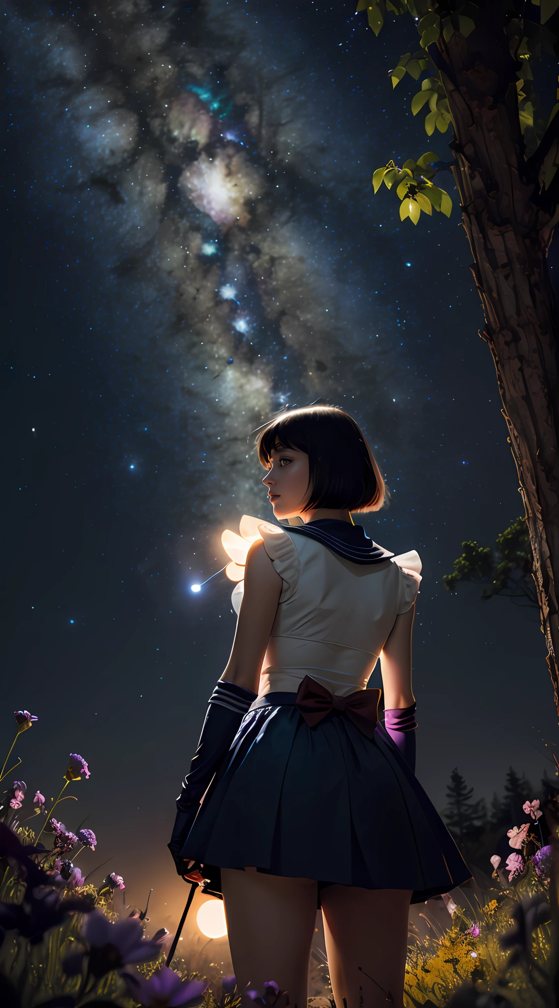 (masterpiece, best quality:1.4), expansive landscape photograph , (a view from below that shows sky above and open field below), sailor saturn, sailor senshi uniform,tiara, sailor senshi uniform, purple sailor collar, pleated skirt, elbow gloves, jewelry, brooch, choker, standing on flower field looking up, (full moon:1.2), ( shooting stars:0.9), (nebula:1.3), distant mountain, tree BREAK production art, (warm light source:1.2), (Firefly:1.2), lamp, lot of purple and orange, intricate details, volumetric lighting BREAK (masterpiece:1.2), (best quality), 4k, ultra-detailed, (dynamic composition:1.4), highly detailed, colorful details,( iridescent colors:1.2), (glowing lighting, atmospheric lighting), (nightlight:1.2) dreamy, magical, (solo:1.2)