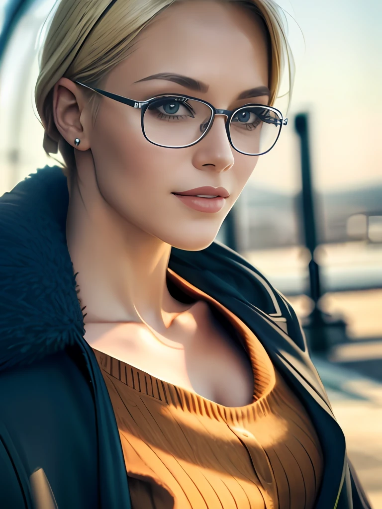 a blonde lady with glasses