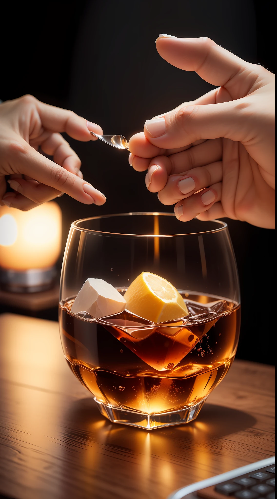 Desfrute de um whisky envelhecido artificialmente por meio de nanotecnologia, served in a crystal bowl that projects three-dimensional images of the aging process, providing a unique sensory experience