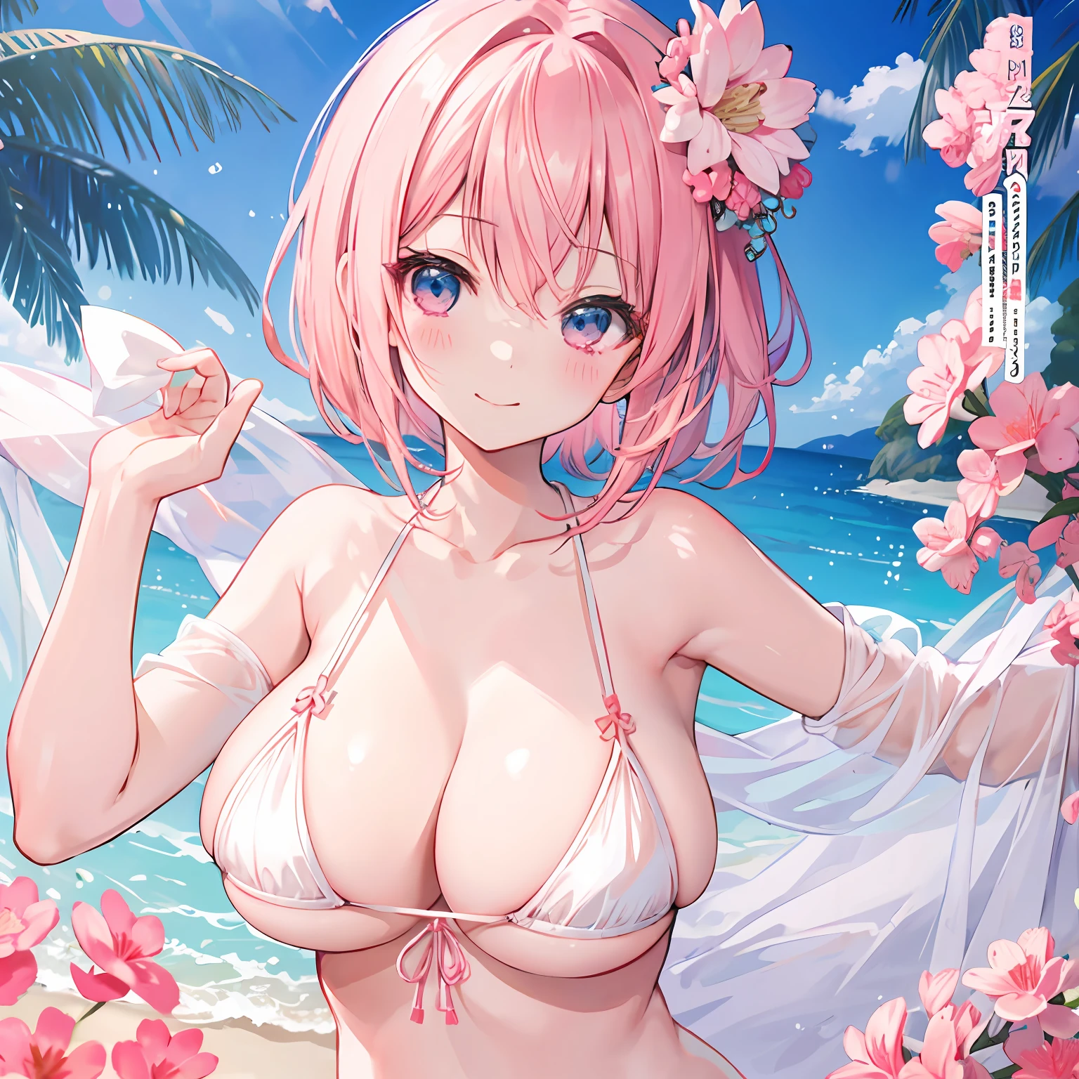 Best Quality, 4K, masutepiece :1.3), short ite pretty woman, Light pink hair、length hair、kawaii pose、A smile、Colossal tits、 Ultra-detailed face、The bikini、Sexy Bikini、hide one eye、Detailed eyes, sluttish, Pose Seductive, Smooth skin, (huge-breasted), Round breasts、red blush。