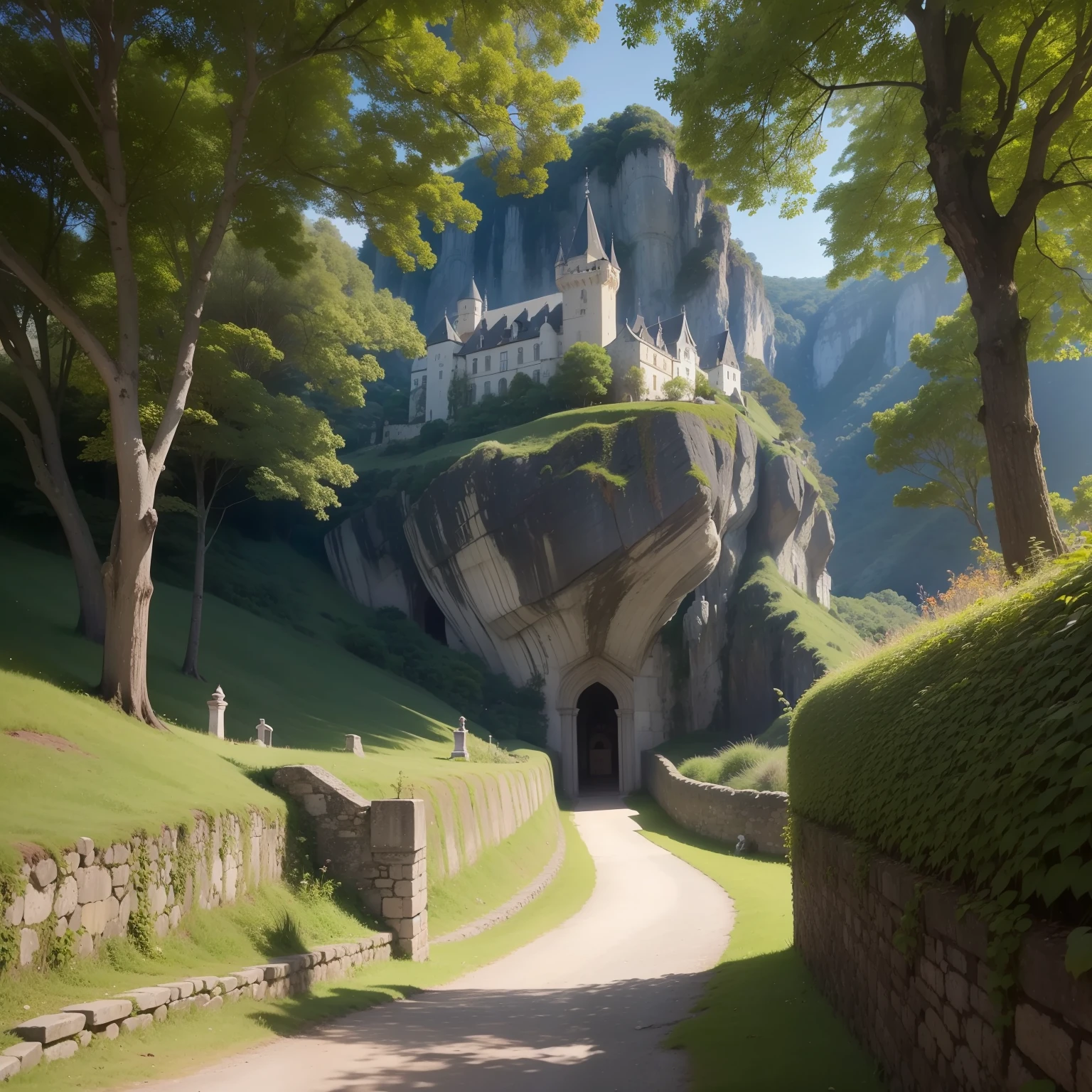 Crie uma imagem deslumbrante de um reino encantado, onde uma montanha majestosa abriga um castelo imponente que toca as nuvens. Uma vila pitoresca se estende ao longo da encosta da montanha, com casas de telhados altos e janelas adornadas. A winding walkway offers a scenic path between the village and the castle, while a mysterious tunnel dug into the mountain provides intriguing access.
Both the castle and the village are surrounded by impressive walls, repletas de relevos elaborados e detalhes projetados deslumbrantes. Entre eles, a golden and magical cemetery stretches out, com tumbas, coffins and ruins all adorned in gold. The walls that surround the cemetery seem to protect its secrets and mysteries.
This image should capture the unique atmosphere of this kingdom, onde elementos de fantasia e realidade se unem para criar uma paisagem deslumbrante e intrigante.