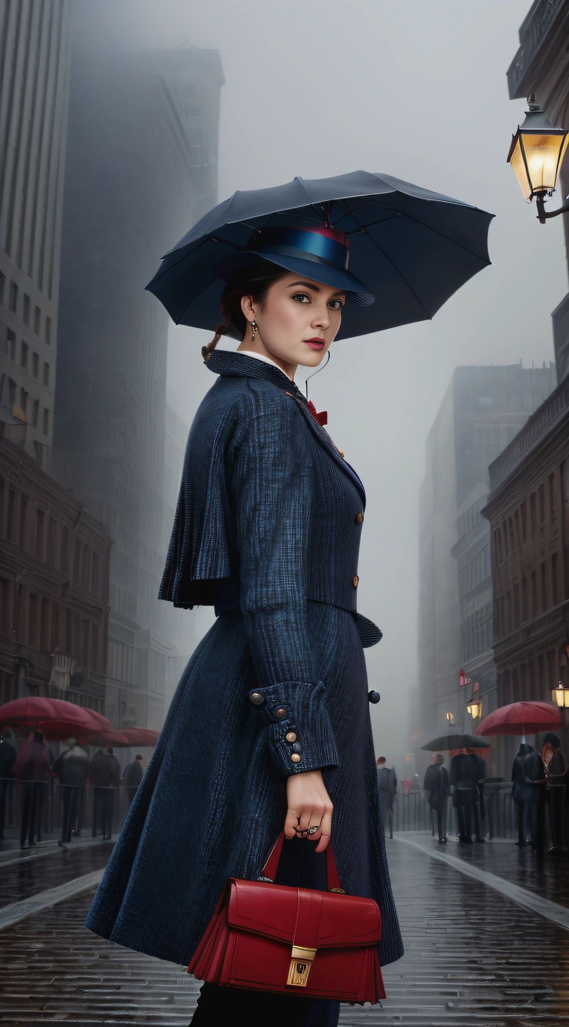 (masterpiece, UHD, digital art:1.3), Mary Poppins, (unconventional, determined gaze:1.2), long coat, wide-brimmed hat, carrying her famous umbrella, smoky backdrop, late 19th-century cityscape, looming buildings, foggy night, cool tones, side view, looking away.
