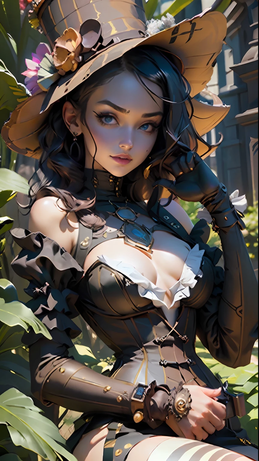 Best quality)), ((masterpiece)), (detailed:1.4), 3D, Beetlejuice woman cosplay wiltshire hill cemetery, steampunk corset, steampunk top hat, in the style of striped compositions, nightcore, green and black stripes stockings, meticulous, malicious gal , mars ravelo, eccentric props ,HDR (High Dynamic Range),Ray Tracing,NVIDIA RTX,Super-Resolution,Unreal 5,Subsurface scattering,PBR Texturing,Post-processing,Anisotropic Filtering,Depth-of-field,Maximum clarity and sharpness,Multi-layered textures,Albedo and Specular maps,Surface shading,Accurate simulation of light-material interaction,Perfect proportions,Octane Render,Two-tone lighting,Wide aperture,Low ISO,White balance,Rule of thirds,8K RAW,