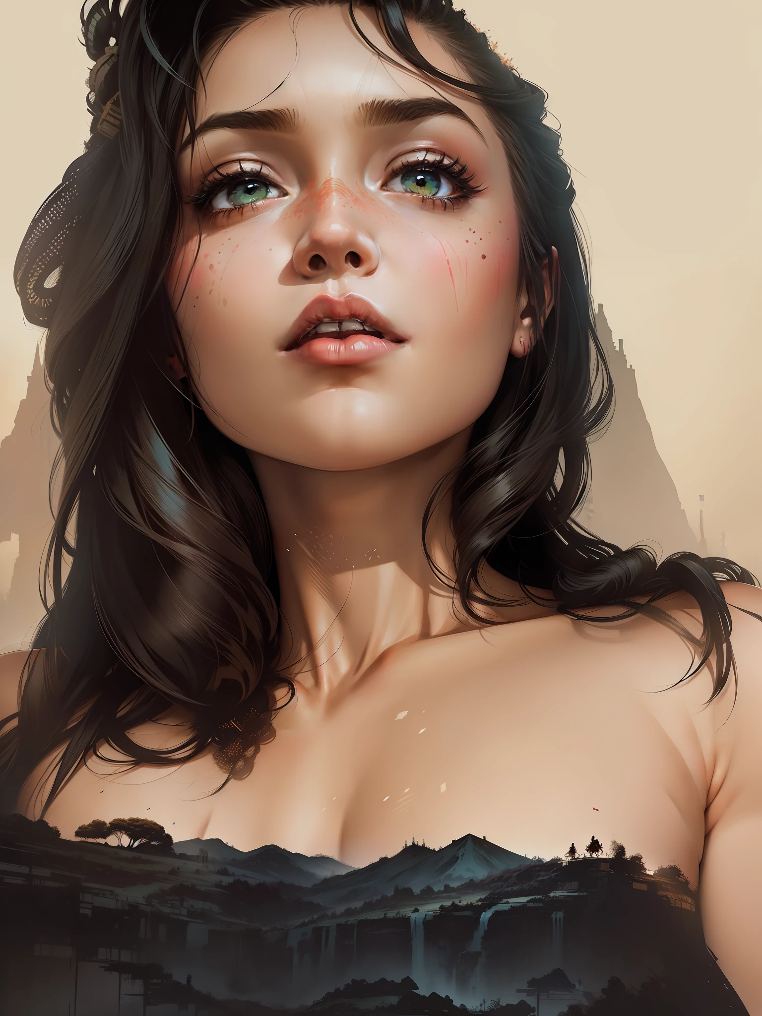 poster of warrior princess| standing on hill |centered| key visual| intricate| highly detailed| breathtaking| precise lineart| vibrant| panoramic| cinematic| Carne Griffiths| Conrad Roset --auto --s2