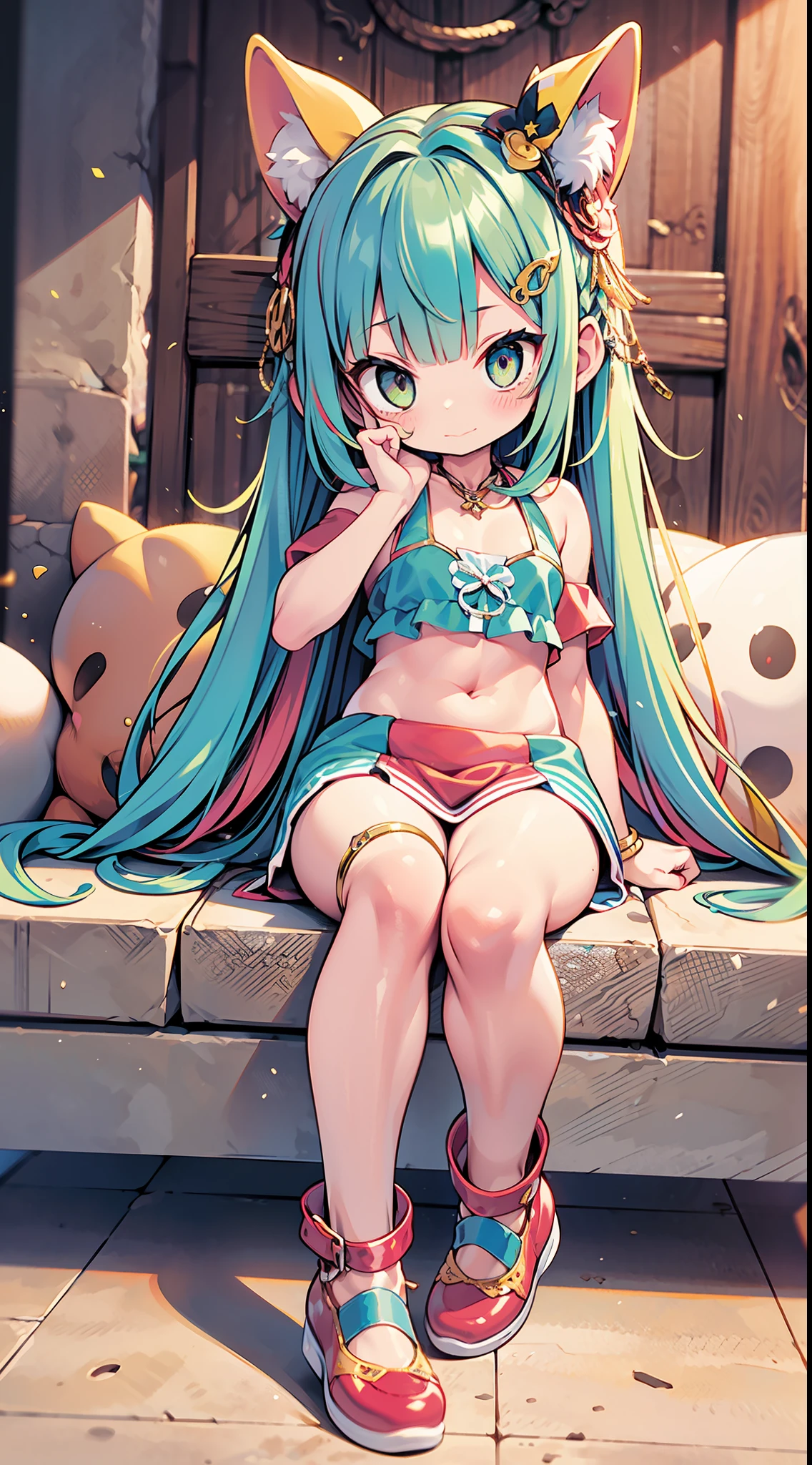 On a circus stage the tightrope walker prepares for her performance in the middle of the ring dressed in her multicolored clothes for the performance. She wears her hair in a long braid. She is adjusting her espadrilles while sitting on a ball.