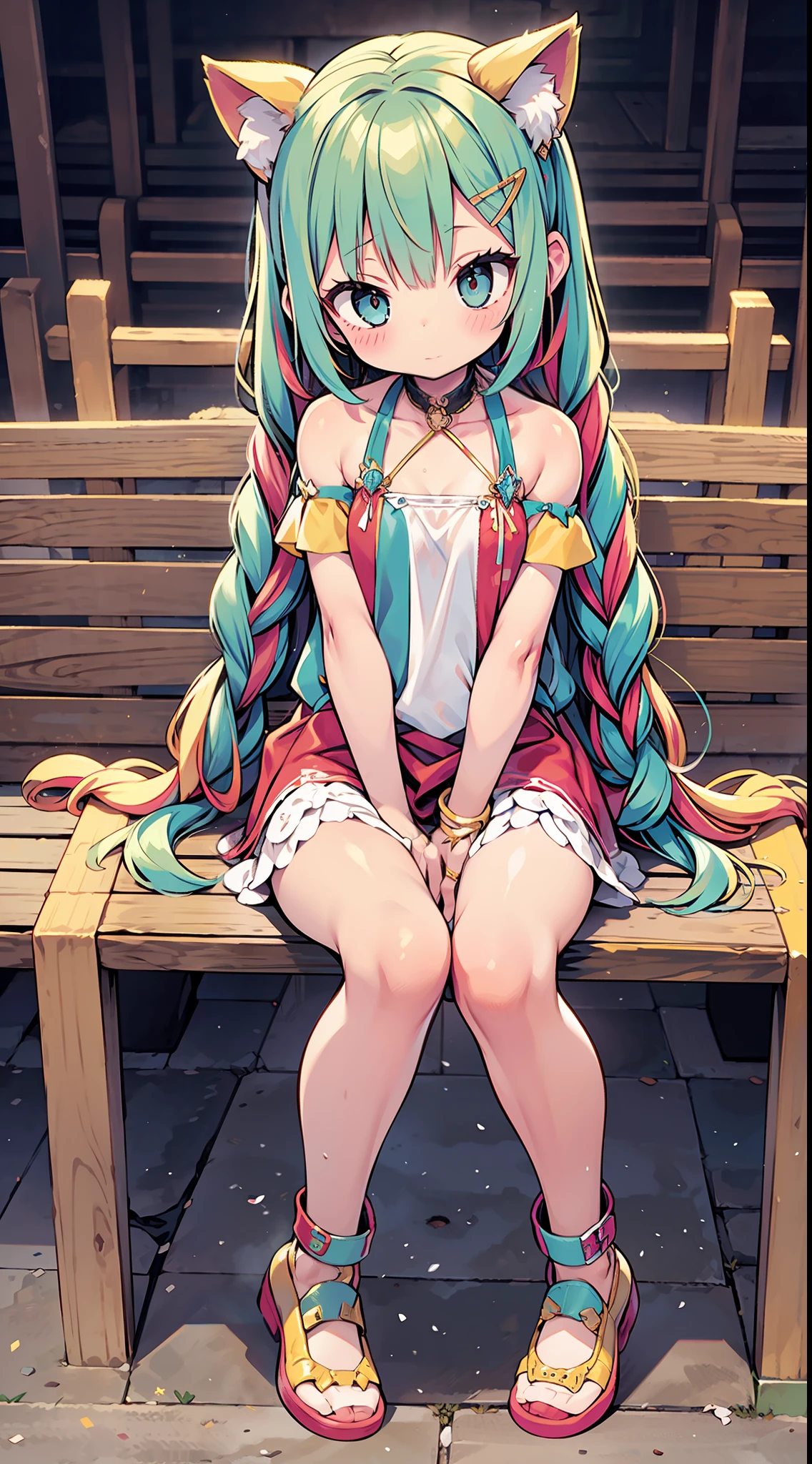 On a circus stage the tightrope walker prepares for her performance in the middle of the ring dressed in her multicolored clothes for the performance. She wears her hair in a long braid. She is adjusting her espadrilles while sitting on a ball.