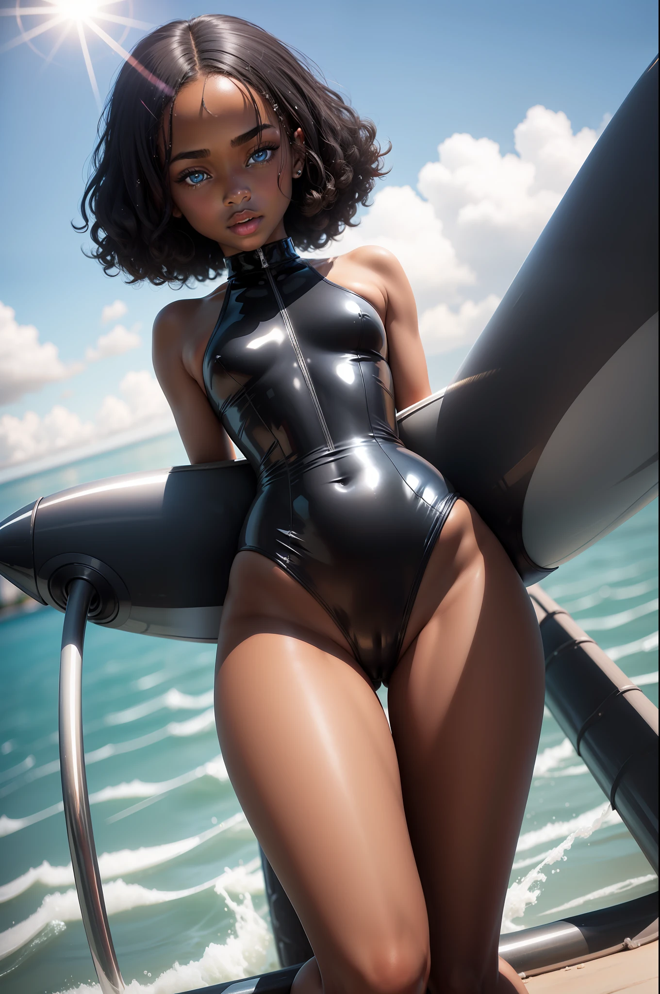 fotorealistisch, black young girl, shiny, blue swimsuit, cameltoe, riding a cock