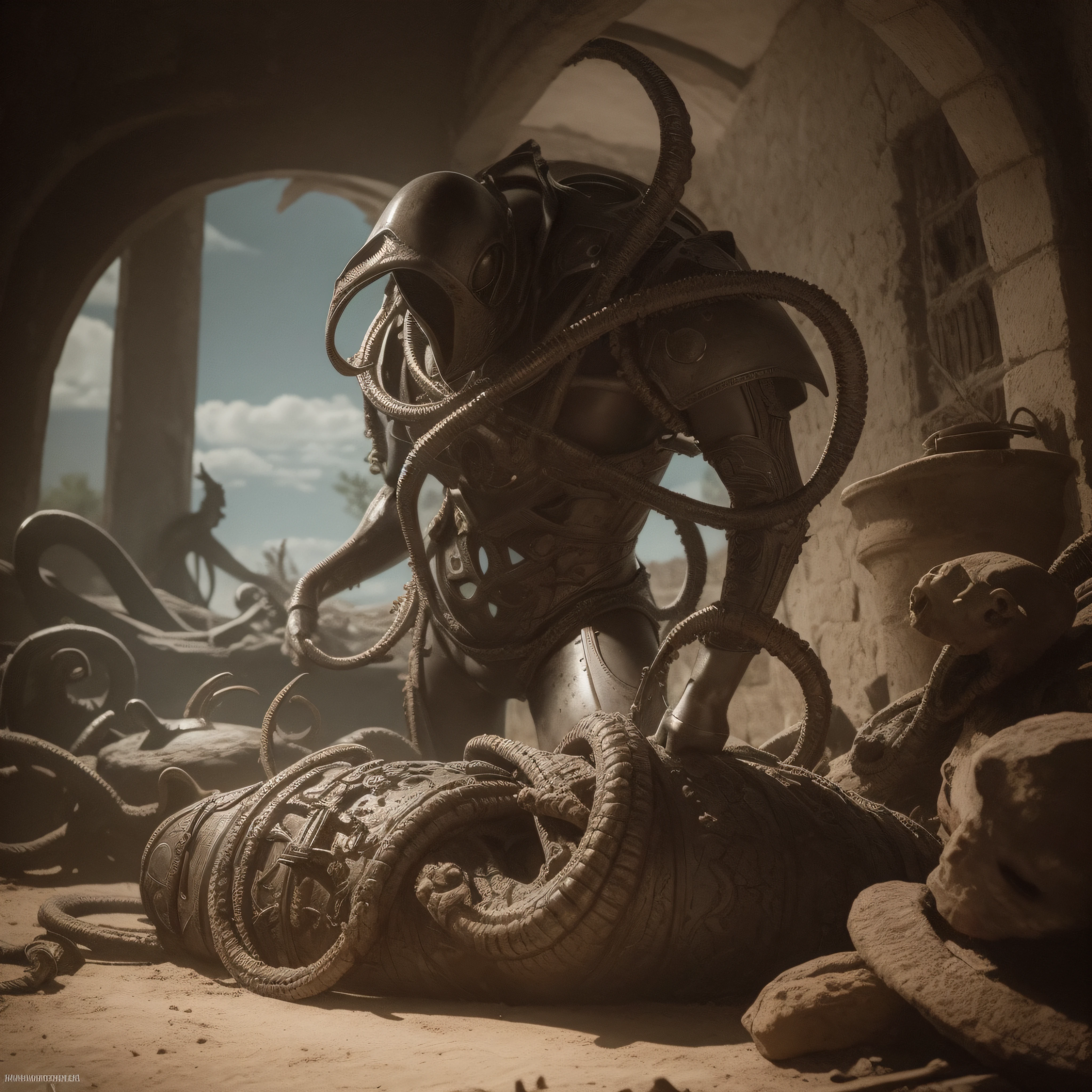 (extremadamente detallado, obra maestra, La mejor calidad), Estilo oscuro, intense illumination, rostro con arrugas, soldier, medieval armor, rusted, axe, tentacle, monstruoso, interior de una piscina de agua verdosa, imagen submarina, alien con Colmillos finos. manchas de tinta. Rococo composition. Luz de caravaggio