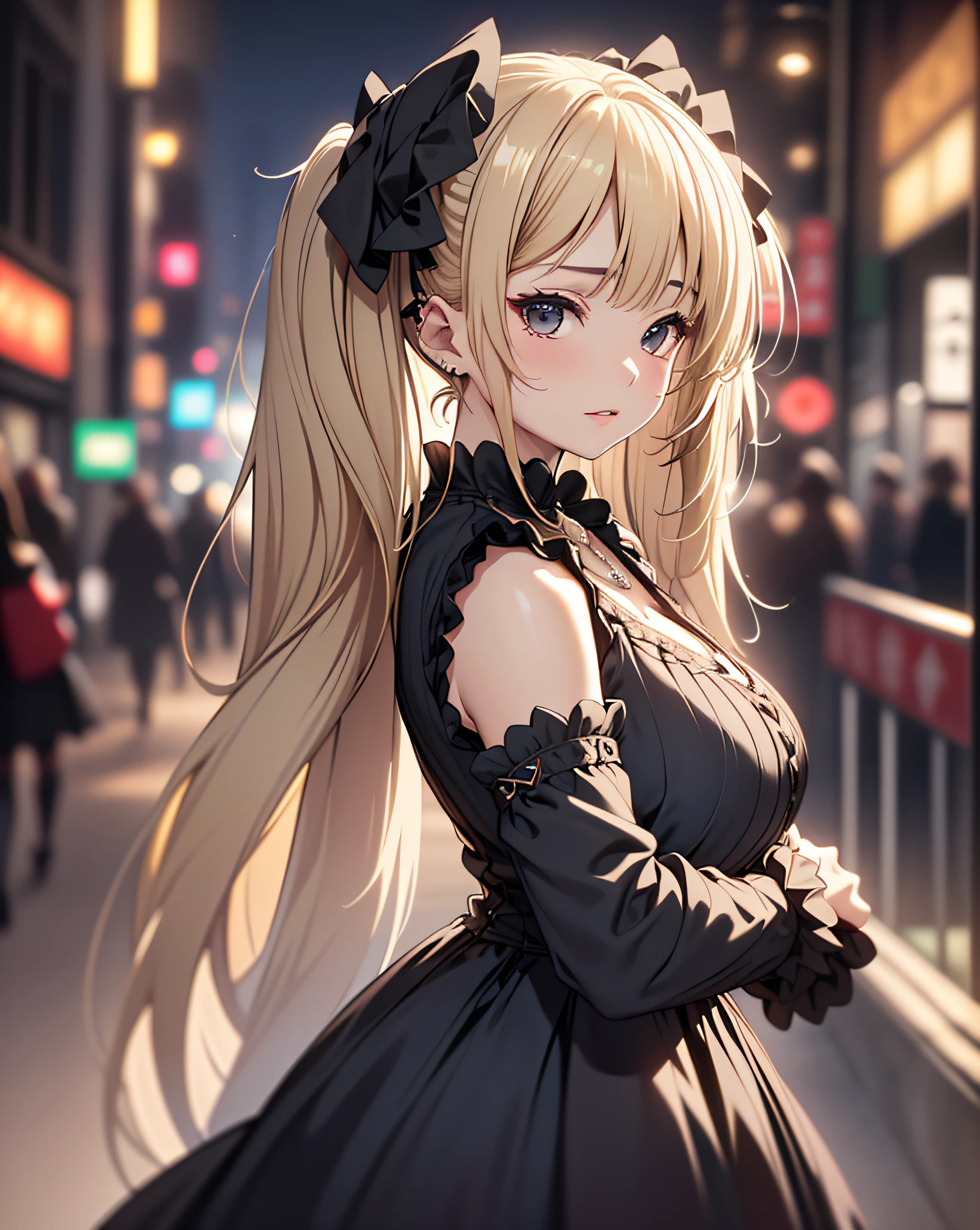 ((1mature lady:1.3, age of 45)), (standing on a dark street), (highway lights), (calm lighting), (night), sexy pose, (very delicate and beautiful work), (masterpiece), one girl, ((wearing in a gothic Lolita dress:1.37, gothic Lolita fashion:1.5)), very detailed and leaky waist, attractive look, beautifully clear eyes, ((blonde twin-tails hair:1.5)), delicate necklace, delicate earrings, simple blurred background, extreme detailed description, beautiful, attractive, Super fine painting, pretty face, big, big, big, big, fine body, fine collarbone, beautiful lips, smooth ass, mix4, (8k, RAW photo, top quality, masterpiece: 1.37), (realistic, realistic: 1.37), one girl, cute, cityscape, night, humidity, professional lighting, photon mapping, radiation, physics cs-based rendering