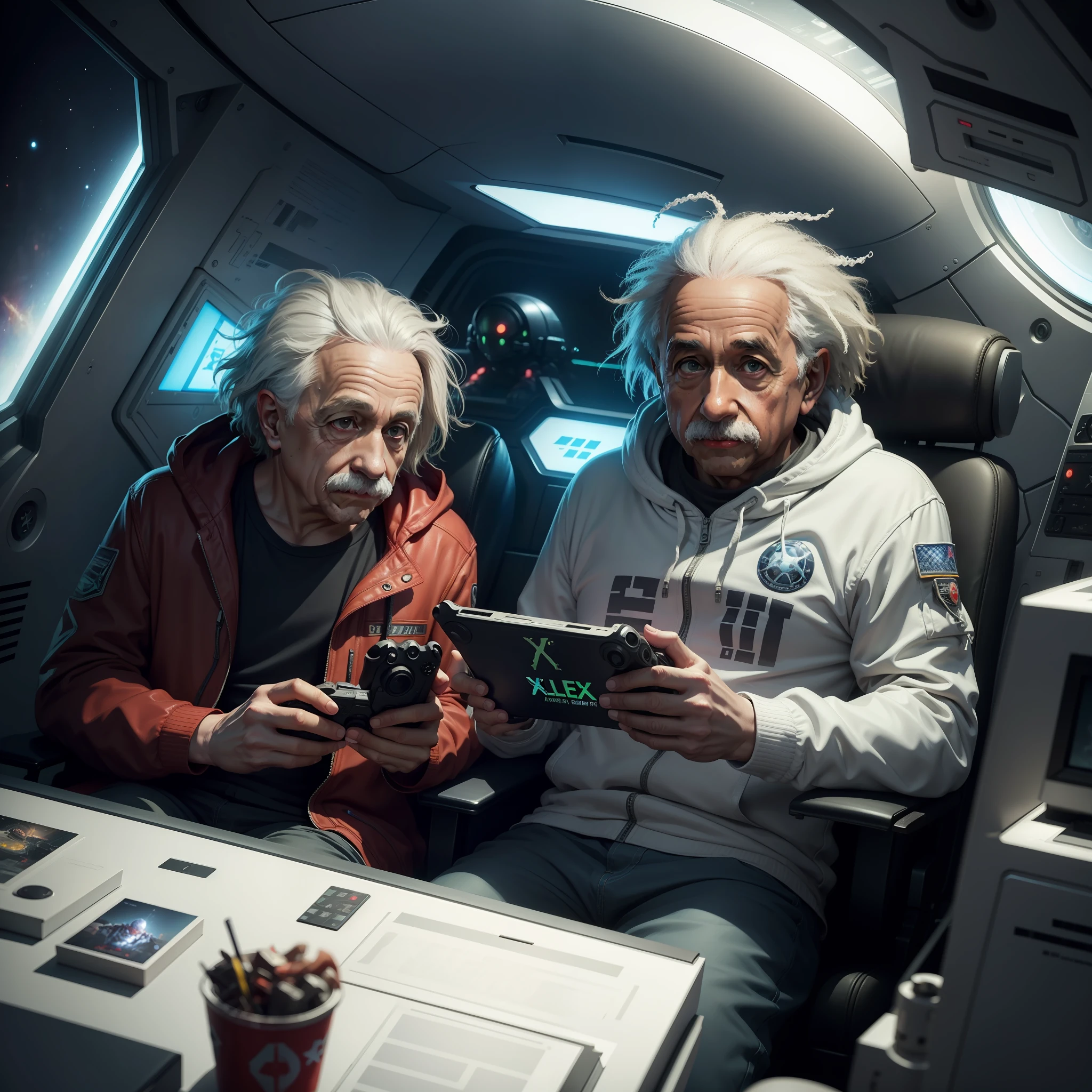 Albert Einstein, fearless expression, playing GTA V with Alien, X BOX game, on space ship, playing with Alien, on future space ship 4k, realistic, masterpiece, best quality, realistic, detailed, sharp