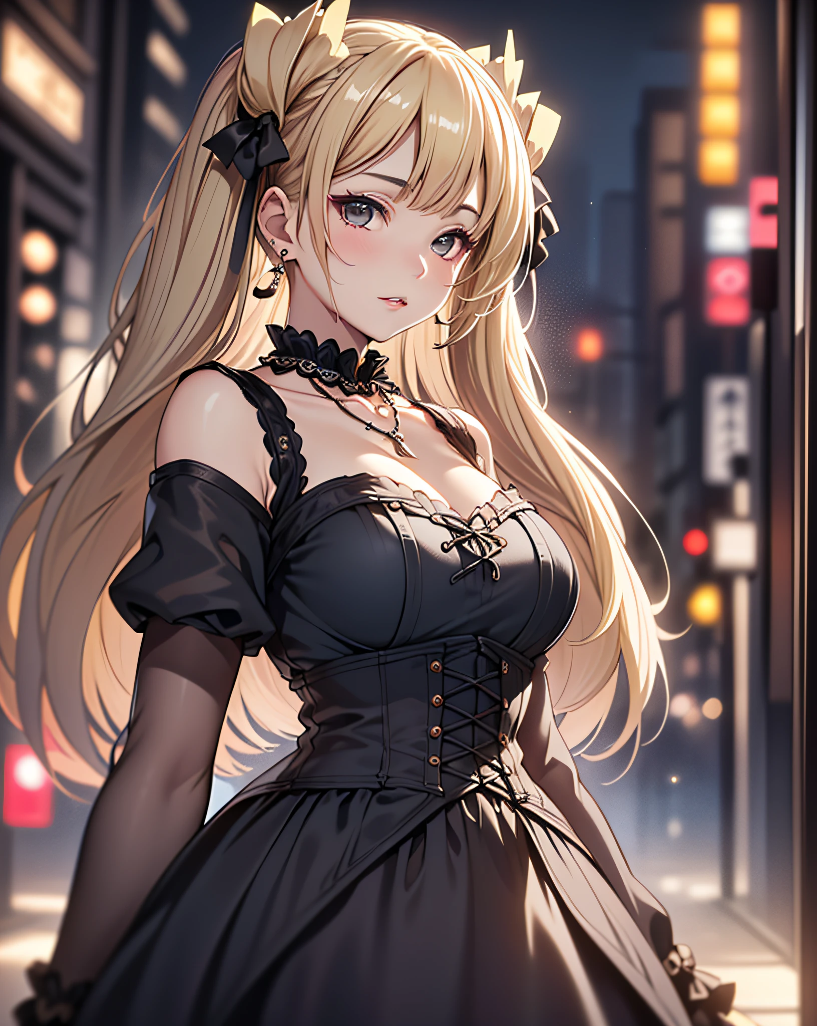 ((1mature lady:1.3, age of 45)), (standing on a dark street), (highway lights), (calm lighting), (night), sexy pose, (very delicate and beautiful work), (masterpiece), one girl, ((wearing in a gothic ****ta dress:1.37, gothic ****ta fashion:1.5)), very detailed and leaky waist, attractive look, beautifully clear eyes, ((blonde twin-tails hair:1.5)), delicate necklace, delicate earrings, simple blurred background, extreme detailed description, beautiful, attractive, Super fine painting, pretty face, big, big, big, big, fine body, fine collarbone, beautiful lips, smooth ass, mix4, (8k, RAW photo, top quality, masterpiece: 1.37), (realistic, realistic: 1.37), one girl, cute, cityscape, night, humidity, professional lighting, photon mapping, radiation, physics cs-based rendering