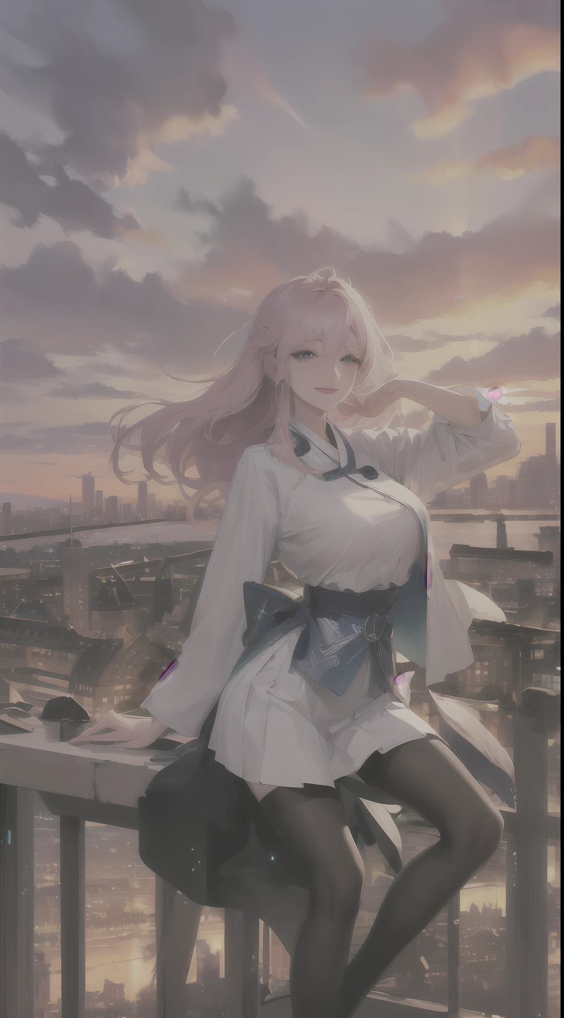 official art, masterpiece, sharp focus, (beautiful gorgeous cute Korean woman:1.3), (beautiful cute korean:1.3), korean beauty, Delicate and beautiful hair and eyes and face, realistic, ultra detailed, beautiful girl, blue sky, glow white particle, (sidelighting:1.2), sun light, white cloud, detailed clouds, slender, Lovely very large breasts and very large hips, smile with teeth, ((smile with eyes, open both eyes)), scenery, long straight hair, sexy facial expression, building, (cityscape:1.7), dynamic hair, long straight hair, detailed platinum pink hair, glow blue eyes, (blue pleated shirts + white skirt), white long socks, pale skin, hair ornament, epic scenery,