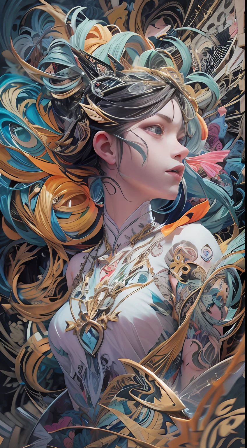 official art, unity 8k wallpaper, ultra detailed, beautiful and aesthetic, masterpiece, best quality, (zentangle, mandala, tangle, entangle), (fractal art:1.3) , 1girl, extremely detailed, dynamic angle, cowboyshot, the most beautiful form of chaos, elegant, a brutalist designed, vivid colours, romanticism, by james jean, roby dwi antono, ross tran, francis bacon, michal mraz, adrian ghenie, petra cortright, gerhard richter, takato yamamoto, ashley wood, atmospheric, ecstasy of musical notes, streaming musical notes visible