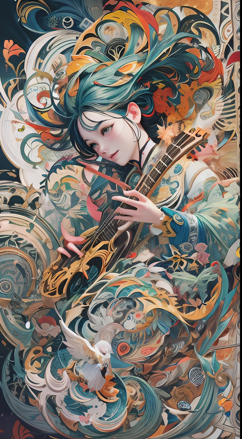 official art, unity 8k wallpaper, ultra detailed, beautiful and aesthetic, masterpiece, best quality, (zentangle, mandala, tangle, entangle), (fractal art:1.3) , 1girl, extremely detailed, dynamic angle, cowboyshot, the most beautiful form of chaos, elegant, a brutalist designed, vivid colours, romanticism, by james jean, roby dwi antono, ross tran, francis bacon, michal mraz, adrian ghenie, petra cortright, gerhard richter, takato yamamoto, ashley wood, atmospheric, ??????? of musical notes, streaming musical notes visible
