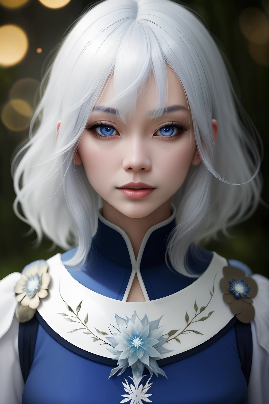 (obra-prima, melhor qualidade: 1.5), Asian woman with white hair, cabelos lisos, roupas azuis, segurando uma espada, no estilo azul escuro e azul claro, mixes realistic and fantastical elements, vibrant manga, imagem uhd, glassy translucence , vibrant illustrations, ultra realista, cabelo longo, cabelo liso, retrato, floresta misteriosa, vaga-lume, Bokeh, misterioso, noite, heaven, nuvem, detalhe dos olhos, olhos lindos, luz nos olhos, parte superior do corpo