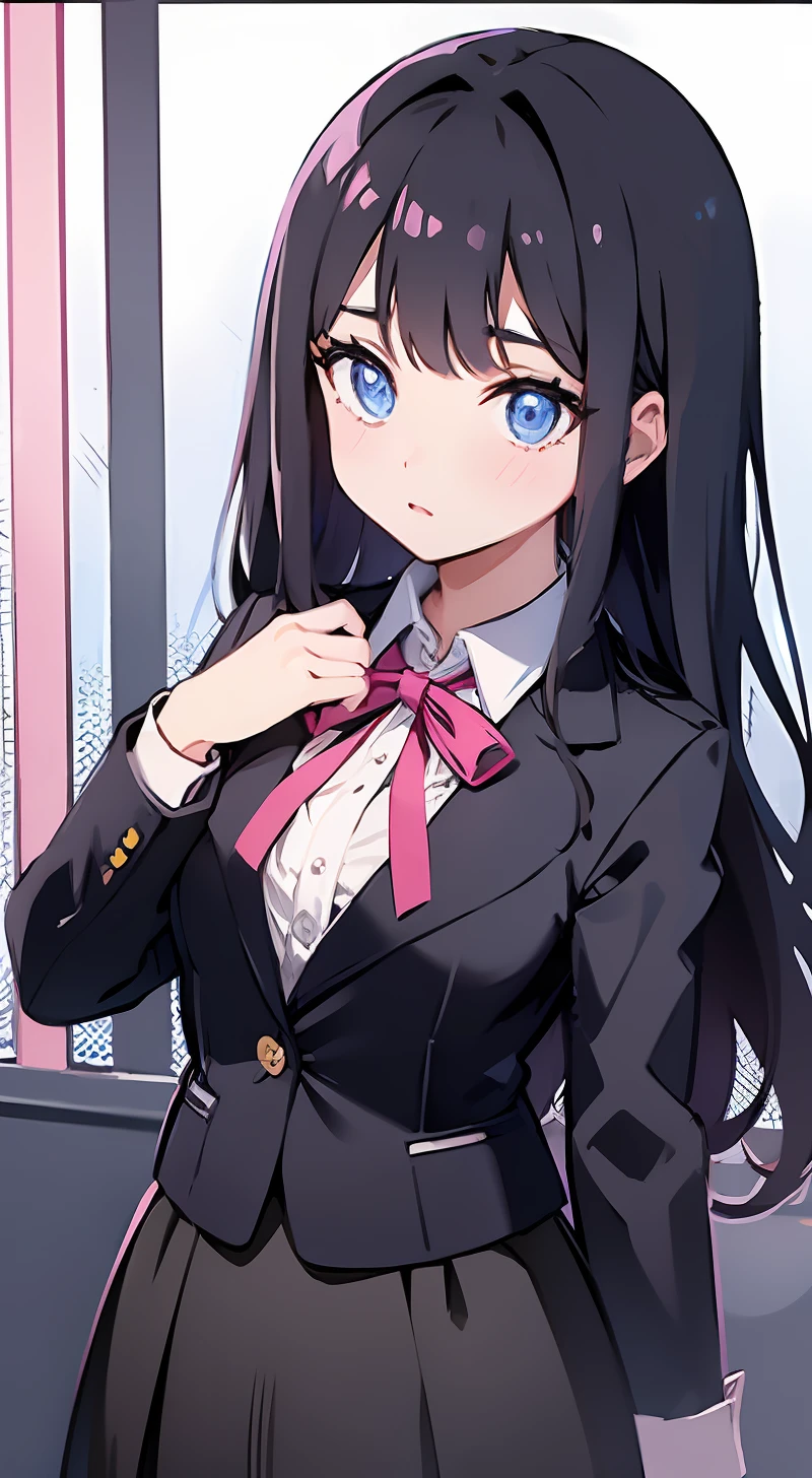 A dark-haired,Bangs Patsun,Super long,girl with,Height 158 cm,School Black Blazer,a black skirt,Niso,Pink ribbon on the chest
