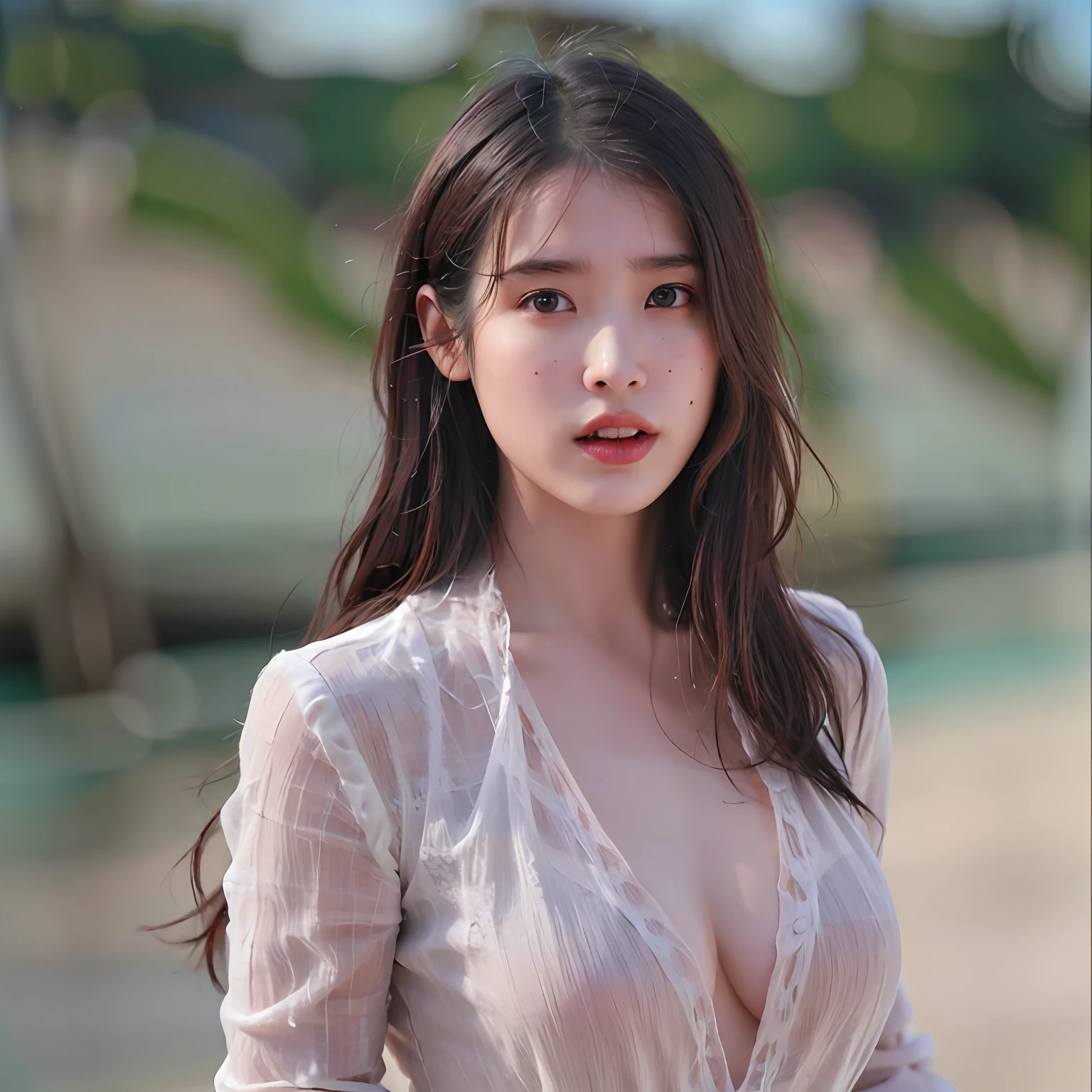 nikon RAW photo,8 k,Fujifilm XT3,photorealistic,realistic, solo, photorealistic, best quality, ultra high res, (skin spots:0.1) serious expression, , standing against a beach at noon, topless suits, masterpiece, best quality, extremely detailed face, perfect lighting, solo,1girl, sexy sight best quality, ultra high res, photorealistic, ultra detailed, masterpiece, best quality, iu1, nice butt in colaless, hiding with fingers, nice ass, touching the breasts herself