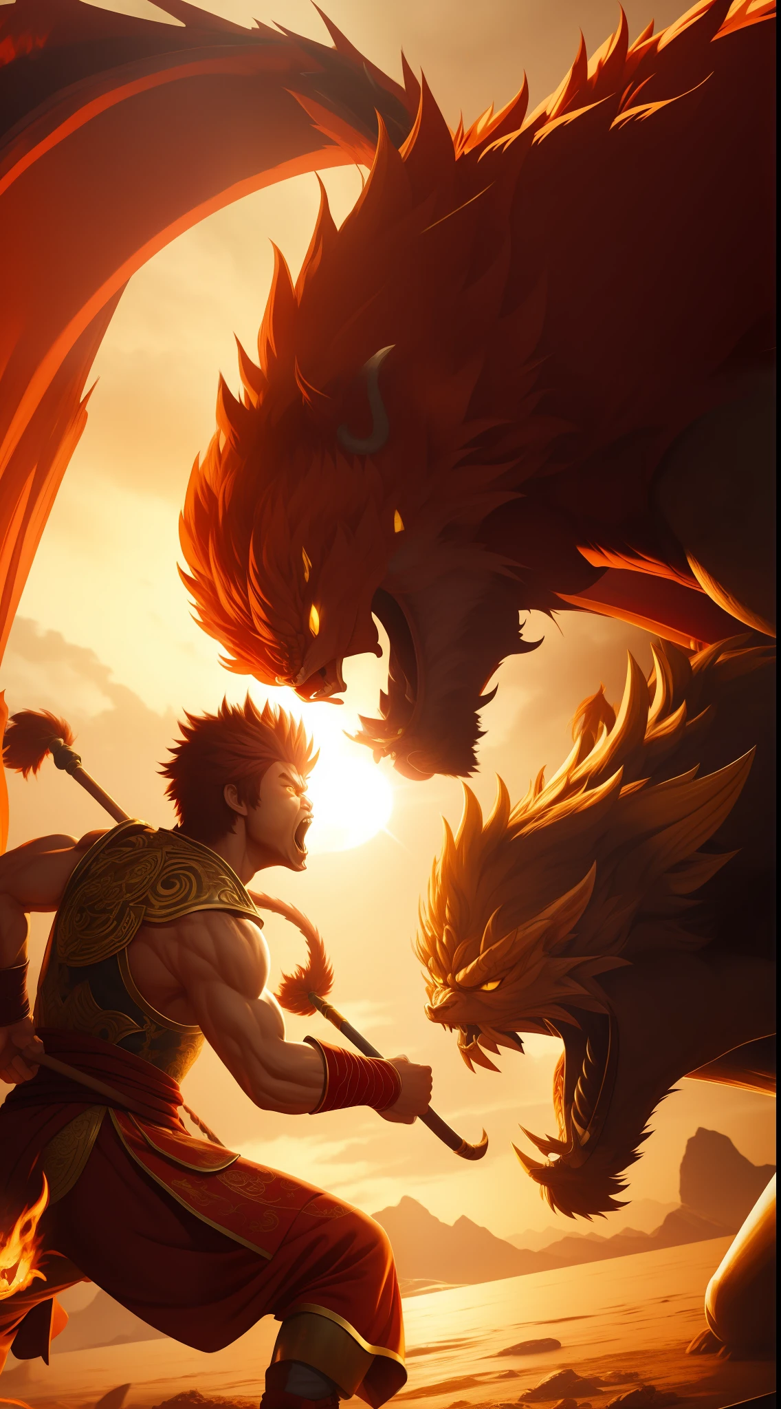 Sun wukong angry mood fight with dragon. cinematic look High quality more realistic 8k