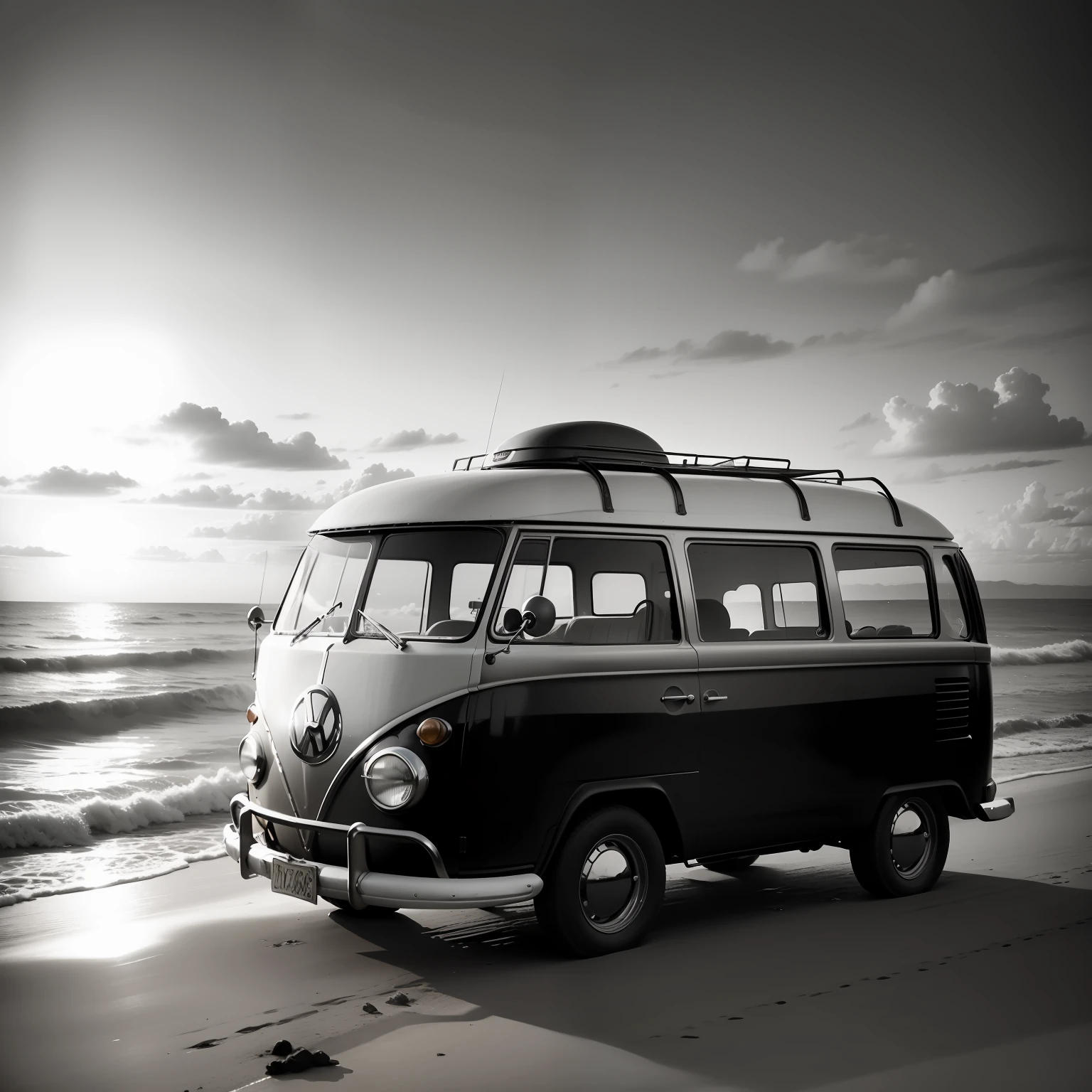 Antique black and white cinematic photograph from 1968 of a colorful hoppie-style Volkswagen Kombi from 1965 parked on a beach on the coast of São Paulo at sunset
