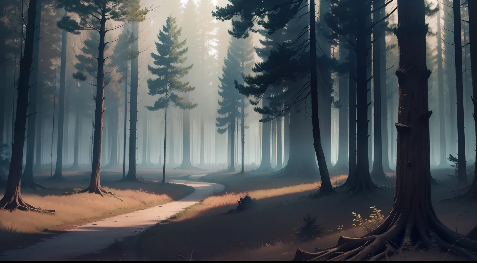 An abandoned forest with dark themed dried trees, In this forest, war has taken place.